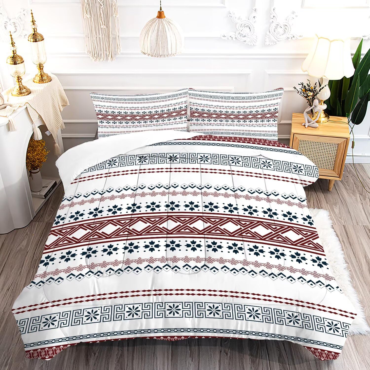Fuyeun Bohemian Striped Comforter Set Full, Boho Aztec Bedding For Kids Boys Girls Bedroom, Red And White Aztec Pattern Qulit Se