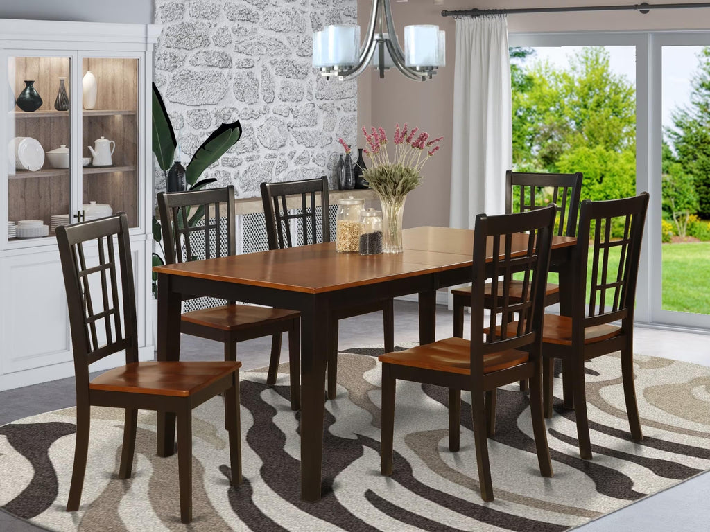 East West Furniture NICO7-BLK-W 7 Piece Kitchen Set Consist of a Rectangle Table with Butterfly Leaf and 6 Dining Chairs, 36x66 Inch
