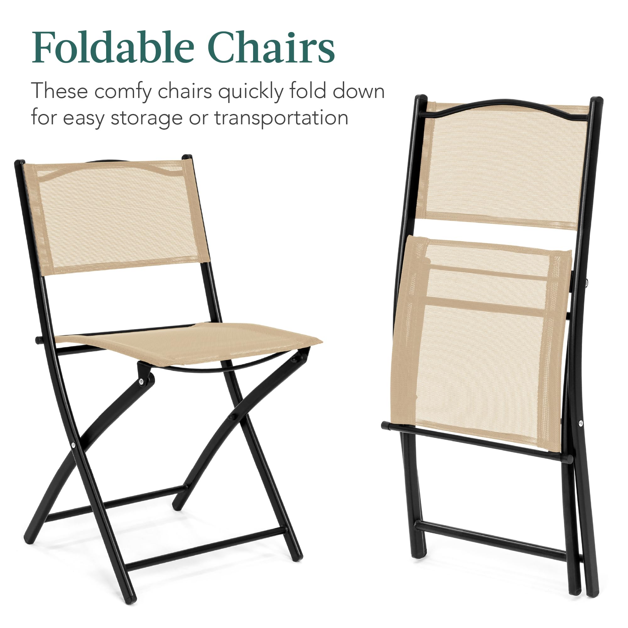 Best Choice Products 3-Piece Patio Bistro Dining Furniture Set W/Textured Glass Tabletop, 2 Steel Folding Chairs, Polyester Fabric - Beige