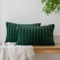 BBiggood Christmas Green Lumbar Throw Pillow Covers 12x20 Set of 2, Velvet Striped Decor Cushion Covers with Back Faux Rabbit Fu