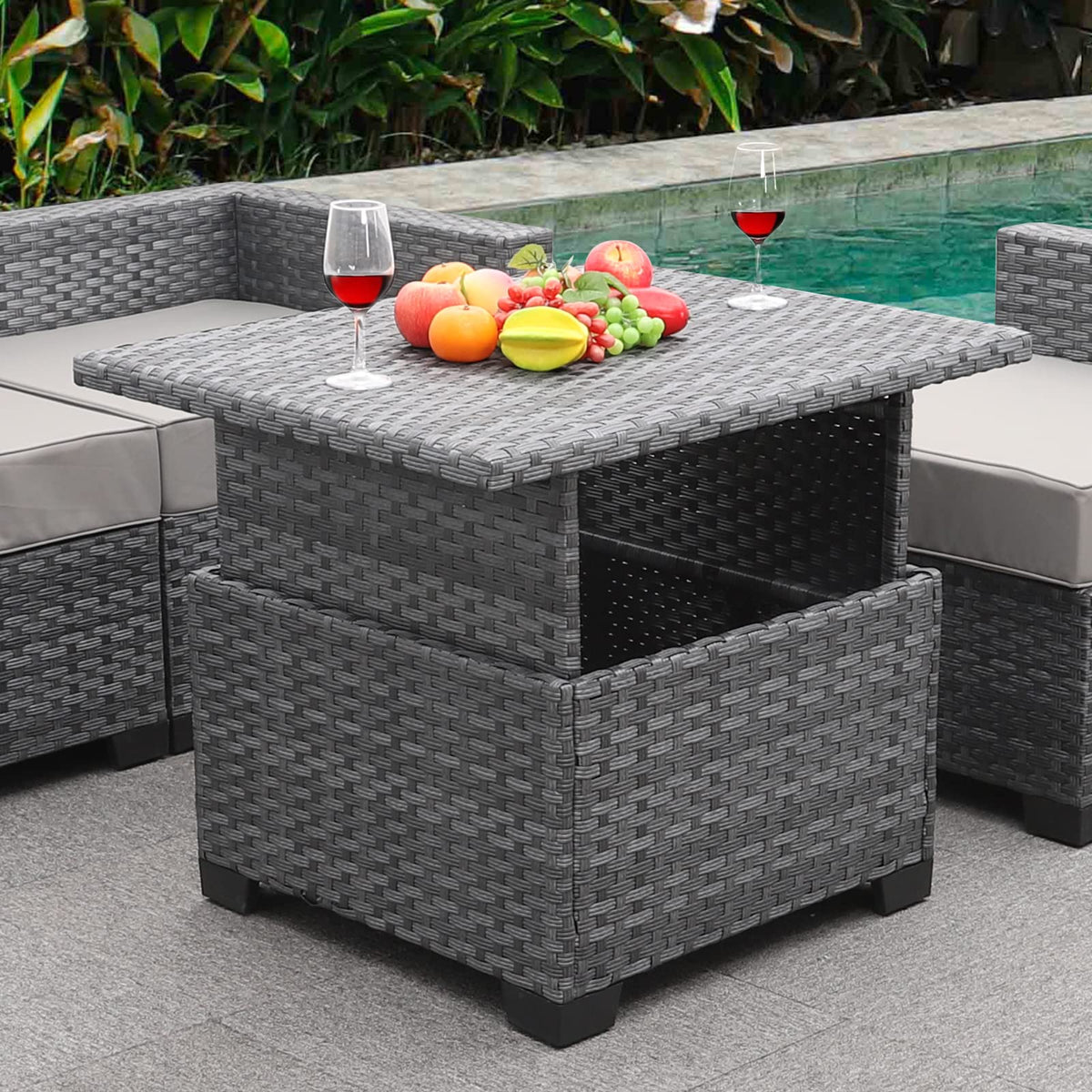 Outdoor Pe Wicker Liftable Coffee Table - Patio Rattan Garden Furniture Multi-Functional Storage Tea Table, Silver Gray
