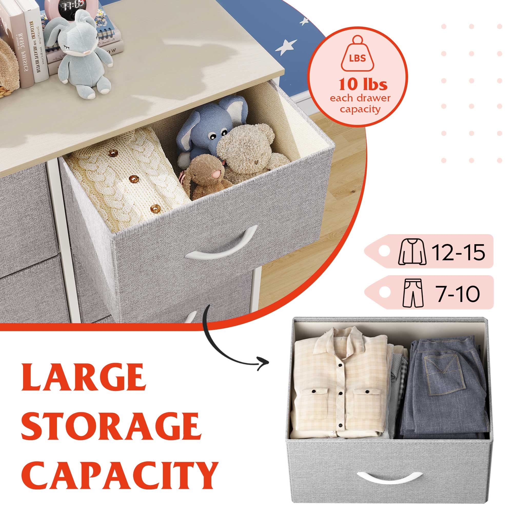 Wlive 10-Drawer Dresser, Fabric Storage Tower For Bedroom, Hallway, Nursery, Closets, Tall Chest Organizer Unit With Textured Print Fabric Bins, Steel Frame, Wood Top, Easy Pull Handle, Light Grey
