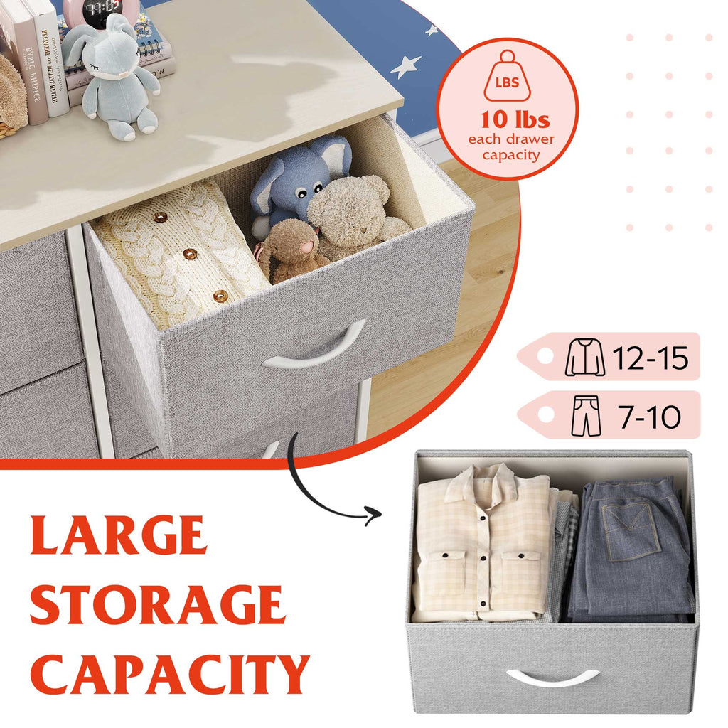 Wlive 10-Drawer Dresser, Fabric Storage Tower For Bedroom, Hallway, Nursery, Closets, Tall Chest Organizer Unit With Textured Print Fabric Bins, Steel Frame, Wood Top, Easy Pull Handle, Light Grey
