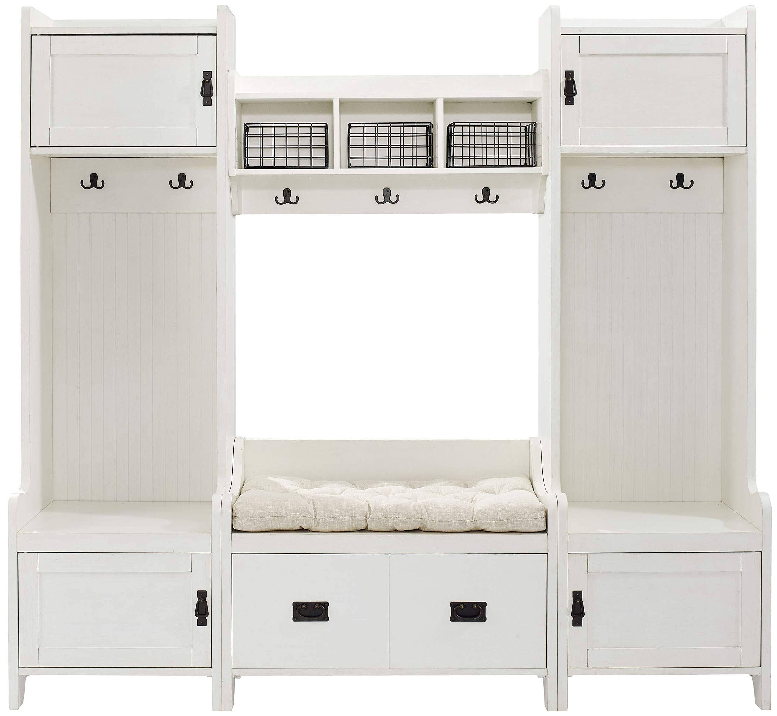 Crosley Furniture Kf60006Wh Fremont Entryway Kit With 2 Towers, Shelf, And Storage Bench, Distressed White