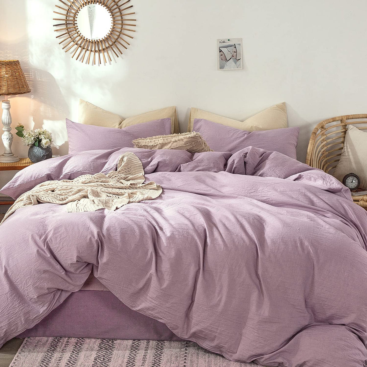 Moomee Bedding Duvet Cover Set 100% Washed Cotton Linen Like Textured Breathable Durable Soft Comfy (Light Purple, Twin Size)