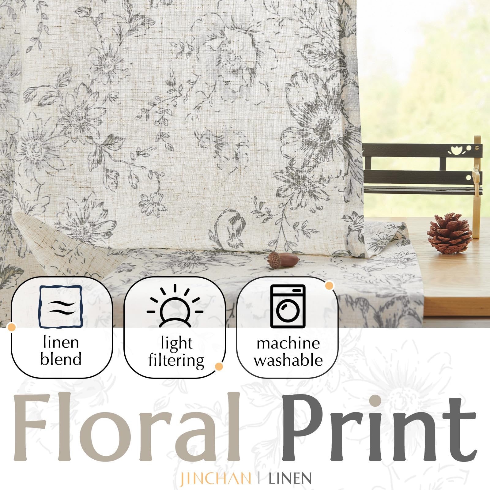 Jinchan Linen Blend Curtains Floral Curtains For Living Room 108 Inch Length Grey Printed Curtains Rod Pocket Back Tab Farmhouse Peony Flower Patterned Drapes Bedroom Window Curtain Set 2 Panels