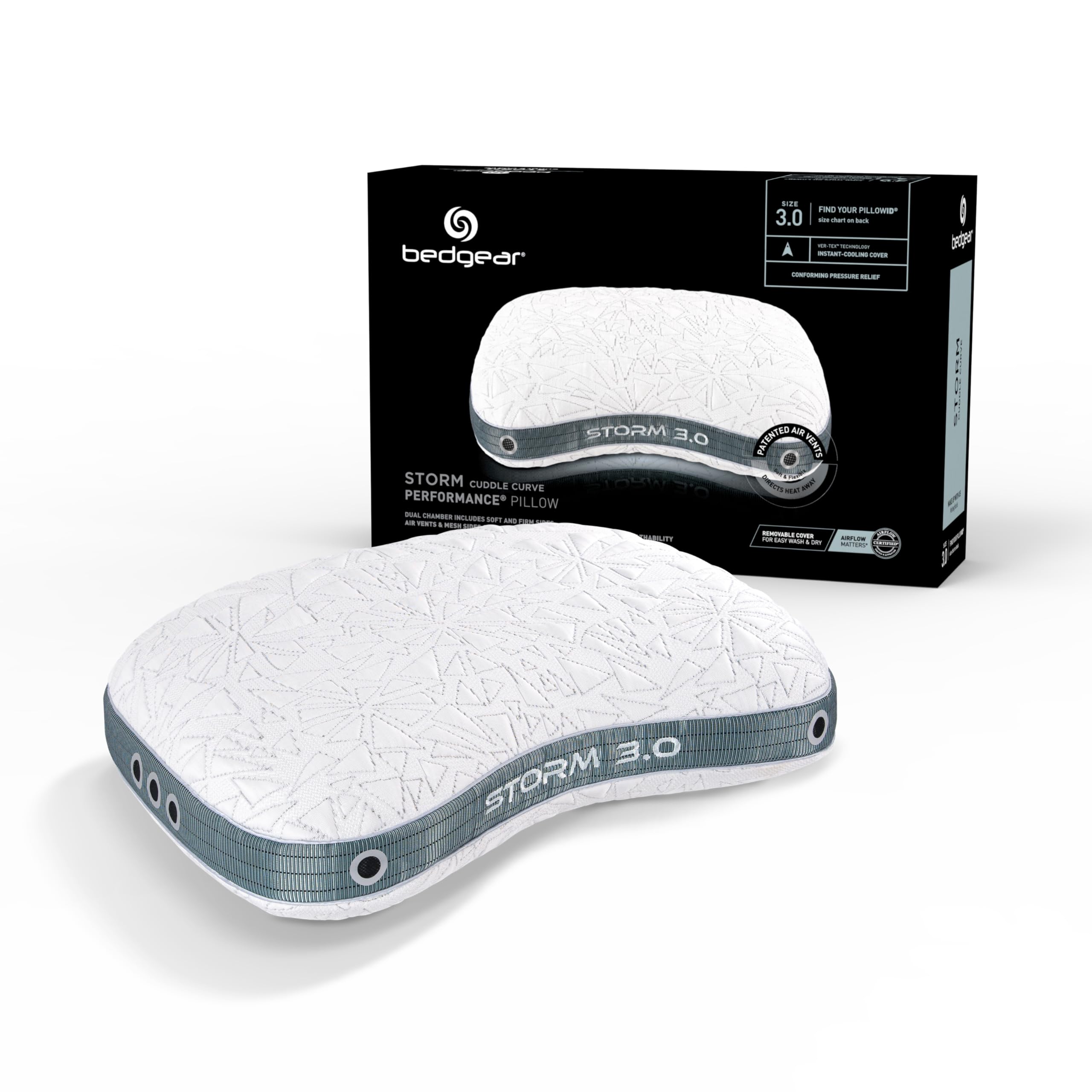 Bedgear Storm Cuddle Curve Performance Pillow - Size 3.0 - Cooling Bed Pillow for Side Sleepers - Medium Firmness- Washable and 