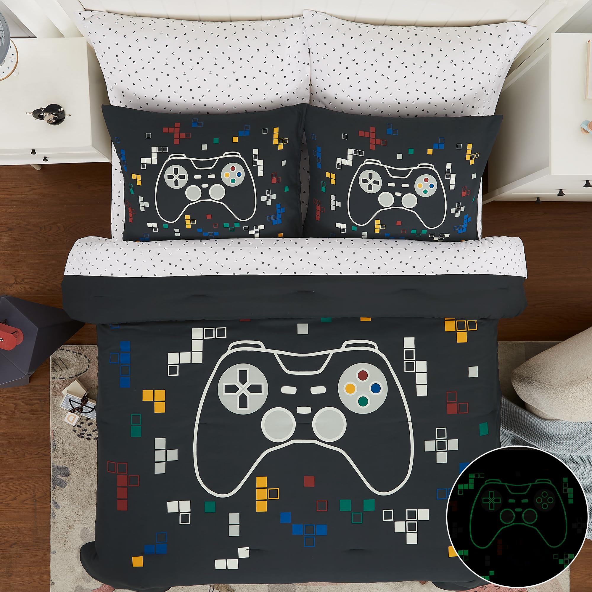 Kaleidospace Gamer Bedding Sets For Boys Girls, Glow In The Dark 7 Piece Bed In A Bag Full, Ultra Soft Microfiber Kids Bedding F