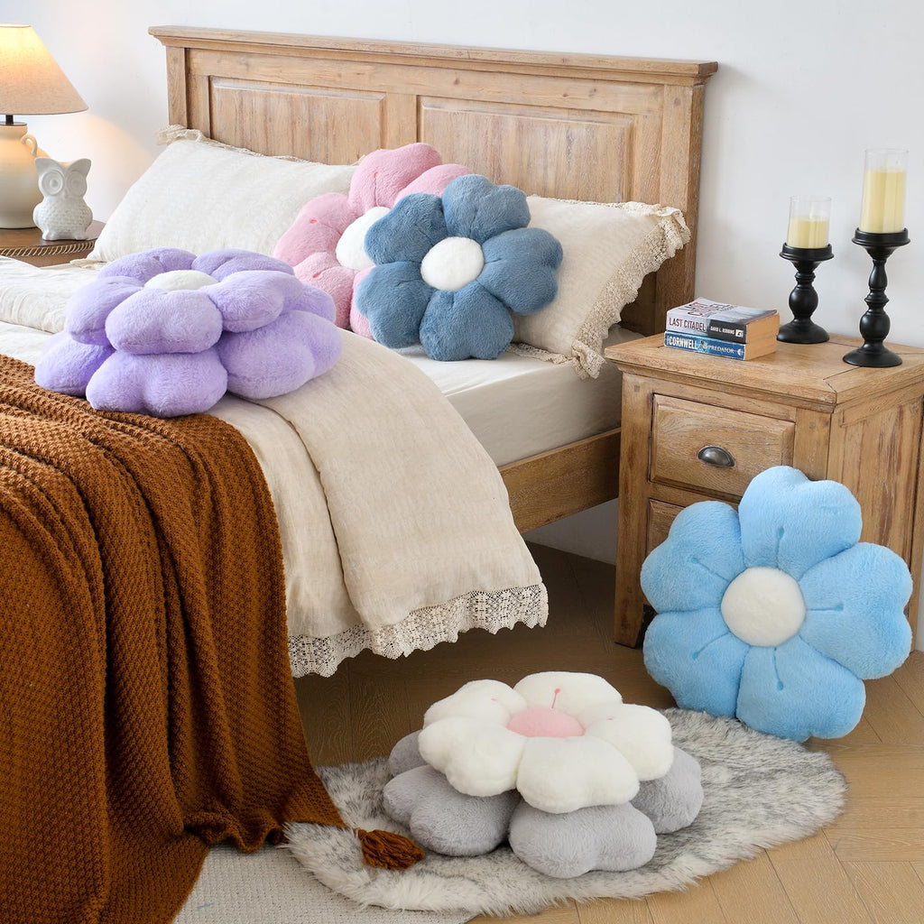Flower Shaped Pillow, Cute Decorative Throw Pillow With Soft Artificial Rabbit Fur For Couch Bed Chair Floor, Flower Pillows Sea