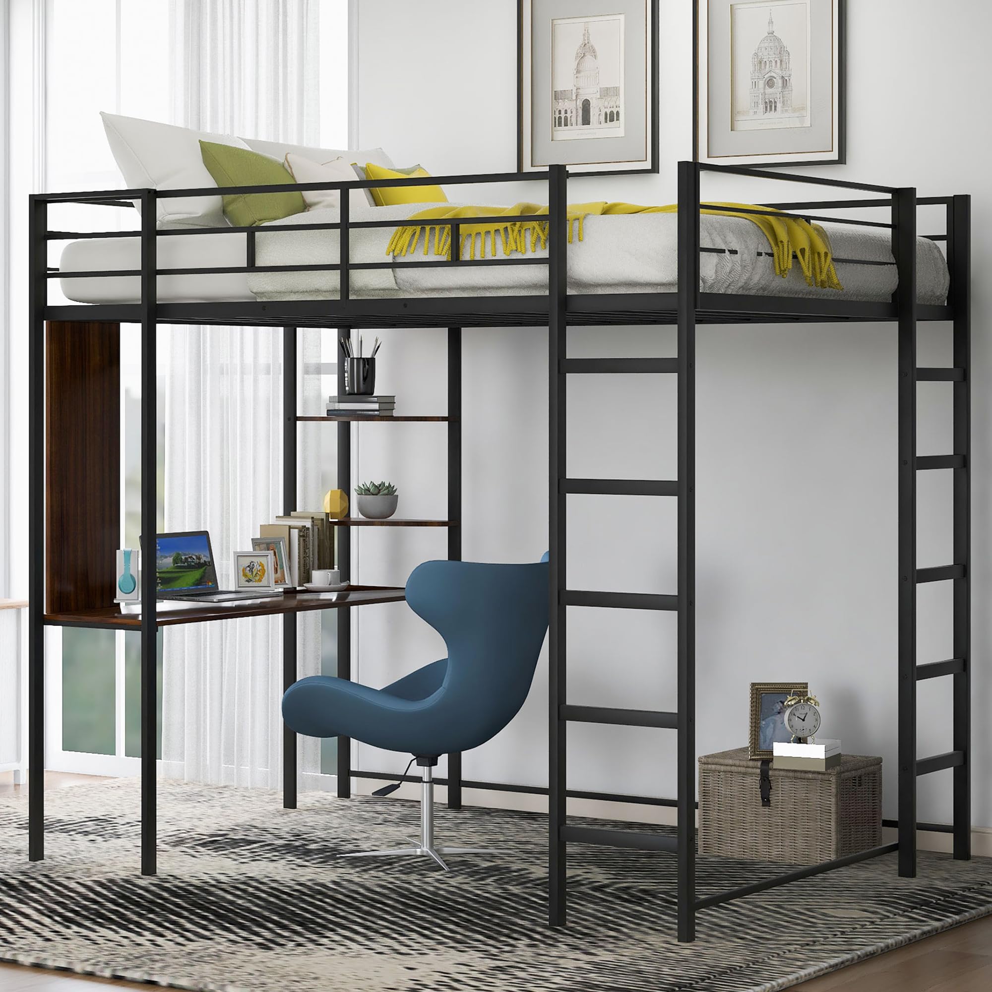 Full Size Metal Loft Bed with Desk and Storage Shelves,Heavy Duty Loft Bed Frame with Safety Guardrail for Kids Teens Adults,Spa