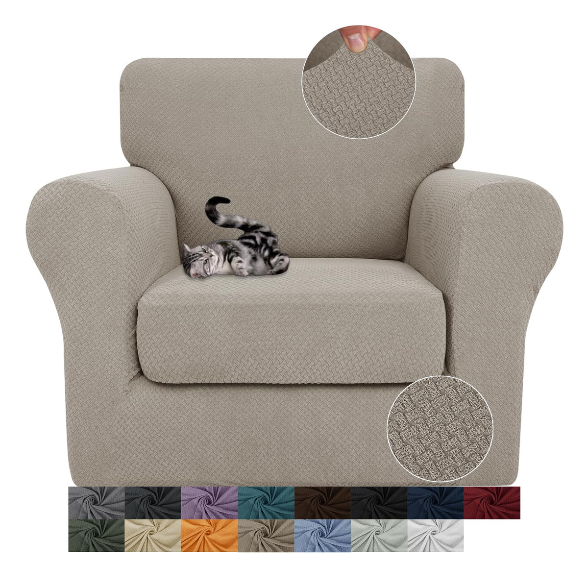 Jiviner 2 Pieces Armchair Covers For Living Room Stretch Chair Slipcovers With 1 Seat Cushion Covers Thick Fitted Couch Cover For Pet Dogs Furniture Protector (Small, Khaki)