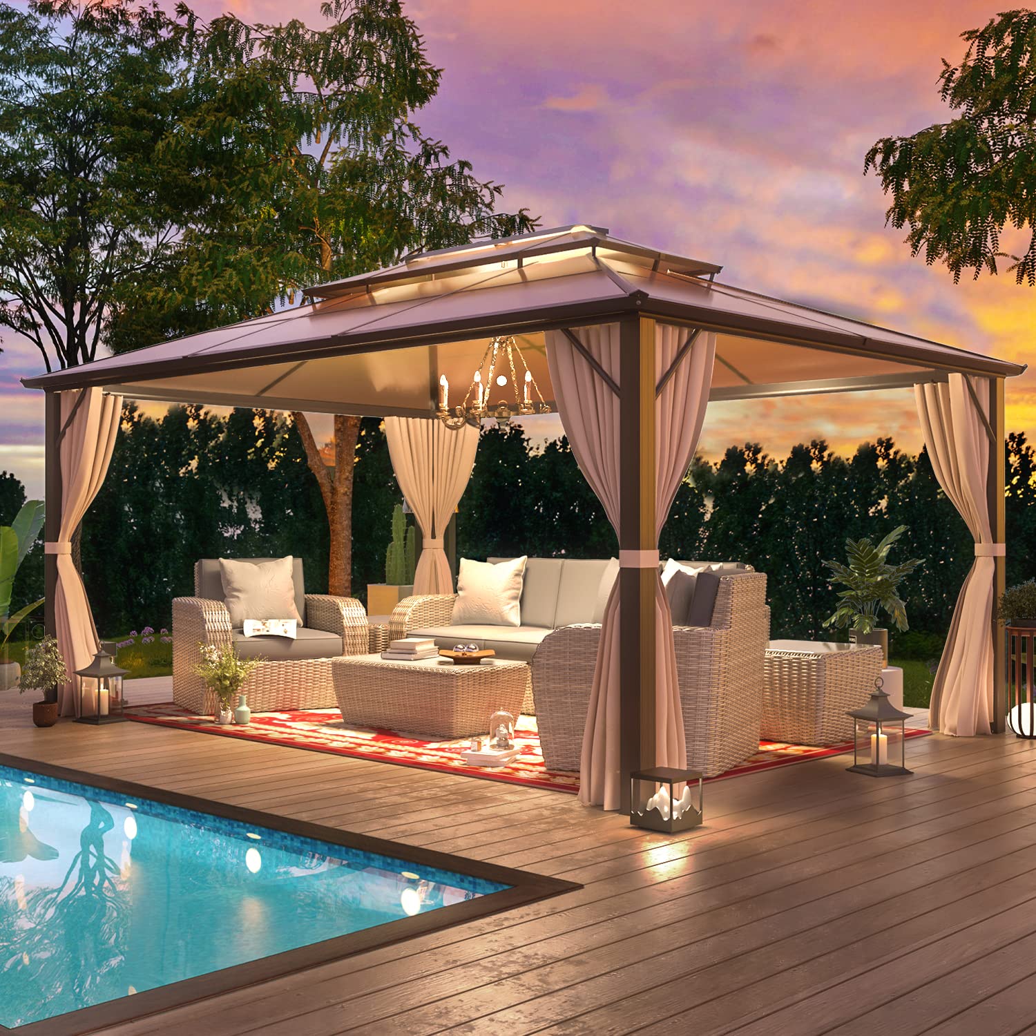 Yoleny 10'X13' Hardtop Gazebo, Outdoor Polycarbonate Double Roof Canopy, Aluminum Frame Permanent Pavilion With Curtains And Net