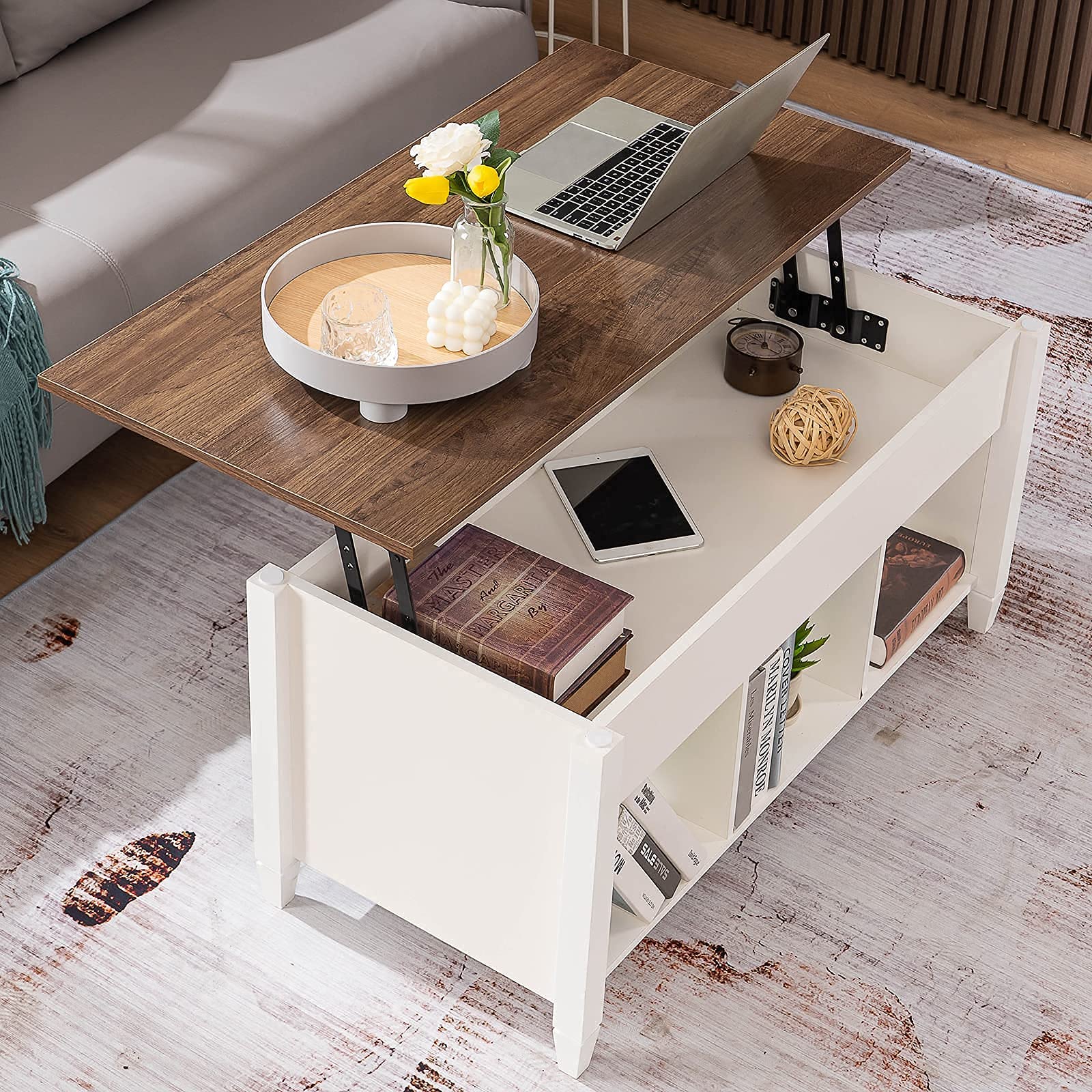 VINGLI White Oak Lift Top Coffee Table, 36 Small Farmhouse Barn Door Coffee Table with Storage, Rectangular Center Wood Coffe Ta