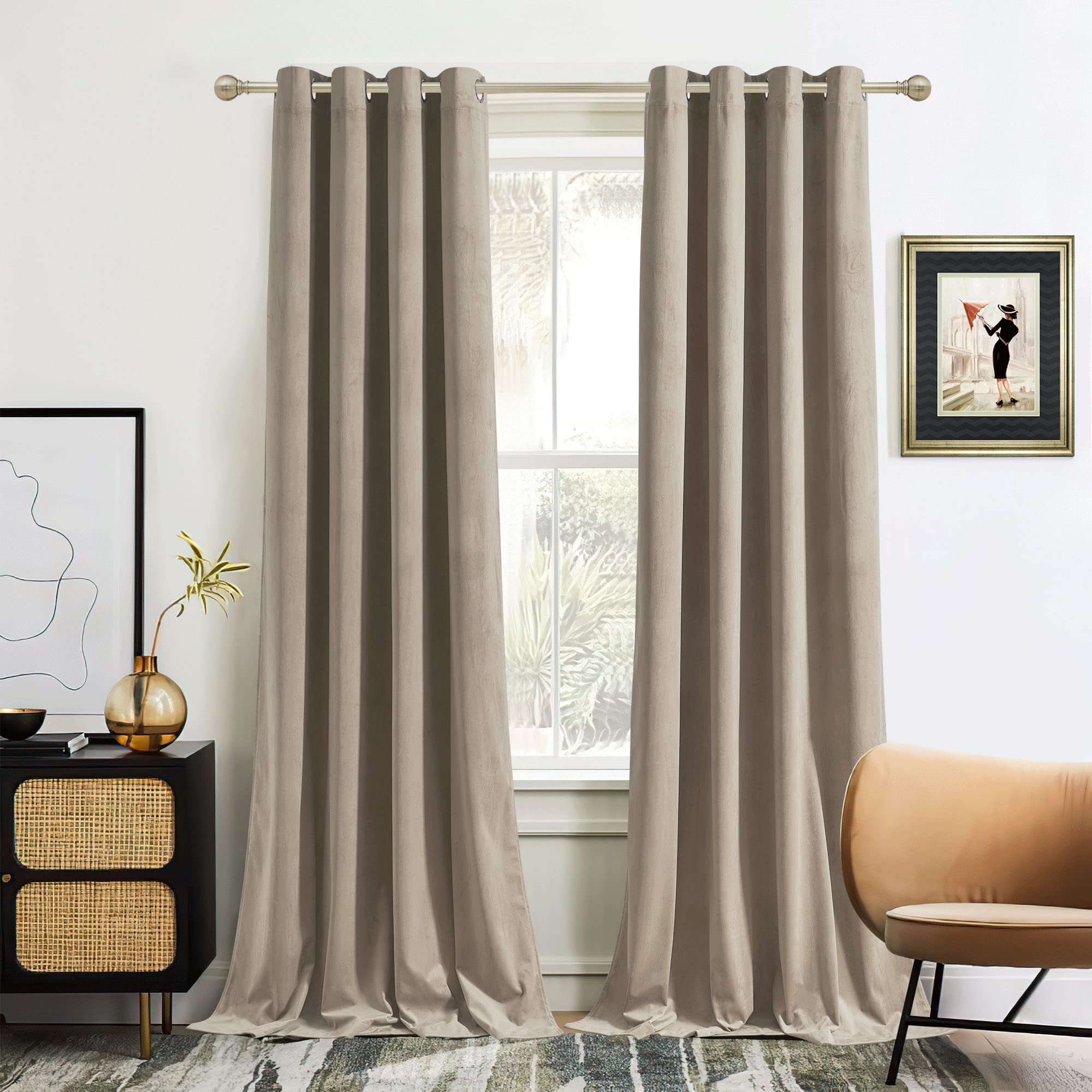 Ryb Home Camel Beige Velvet Curtains 108 Inches, Room Darkening Thick Velvet Drapes For Farmhouse Decoration Privacy Window Trea