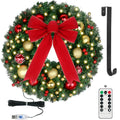 24 Prelit Christmas Wreath with Lights and Remote - Lighted Christmas Door Wreath with 50 Warm White LED, Balls Ornaments, Bowkn