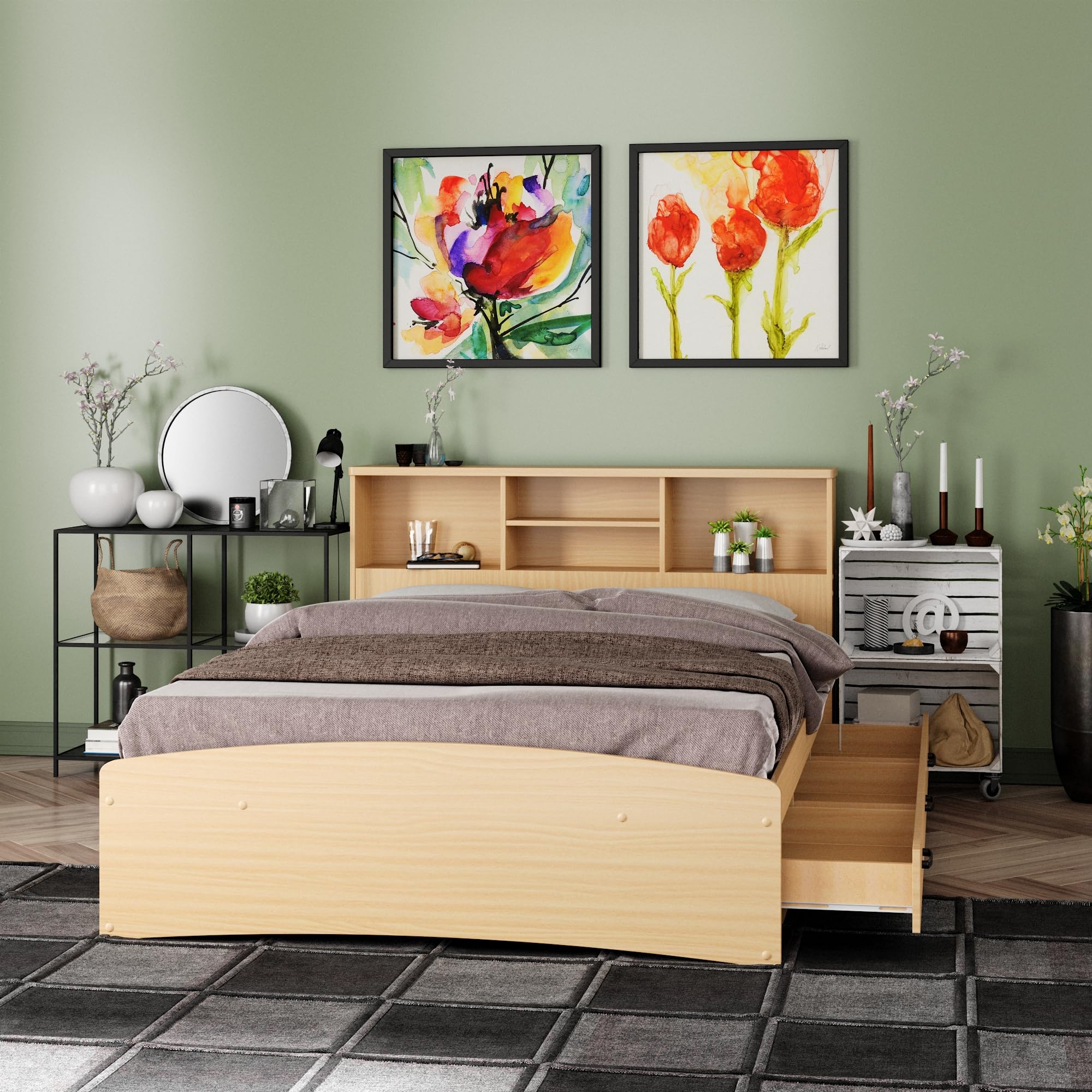 Captain Paltform Bed with 3 Drawers and Bookcase Headboard (Beech, Full)