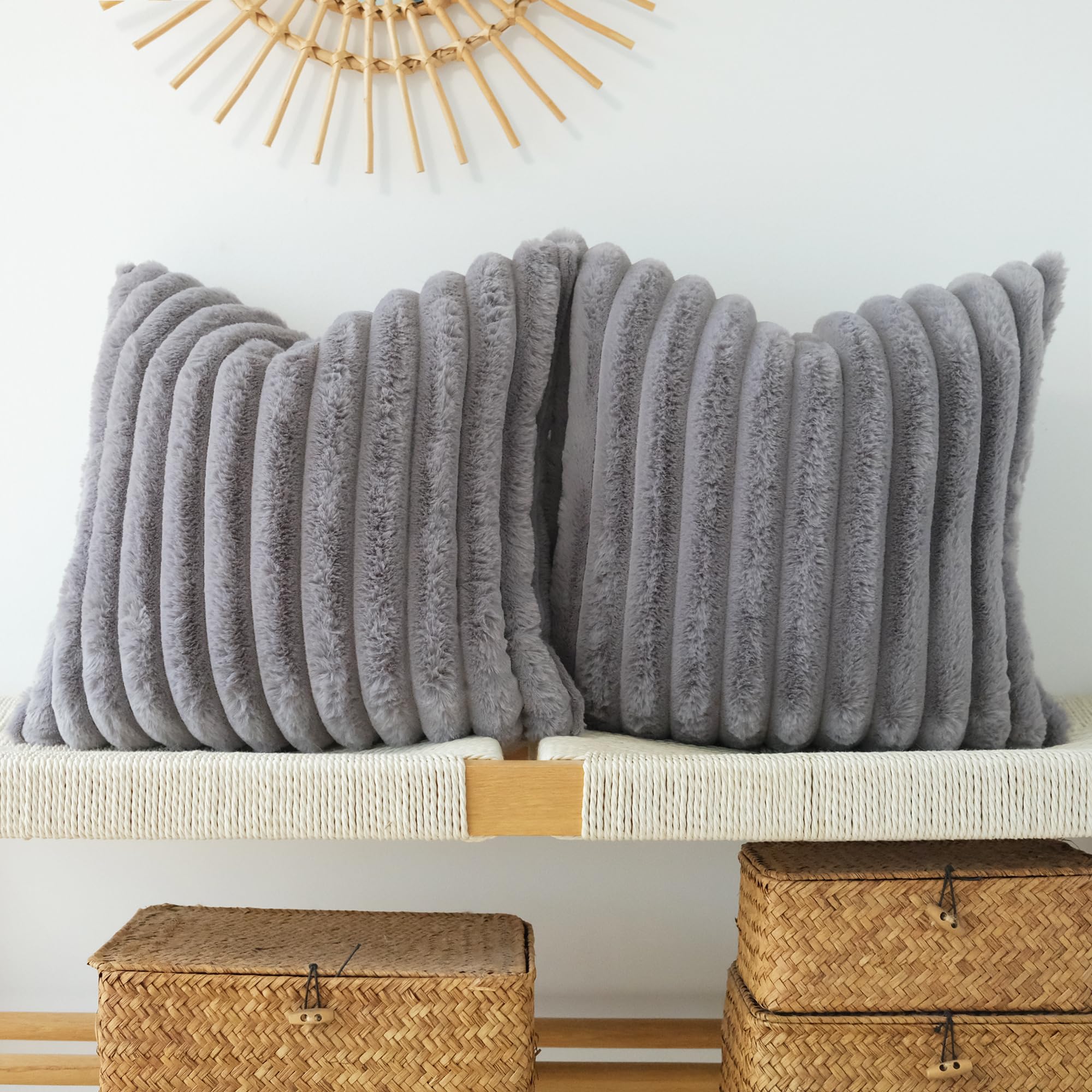 Jojusis Pack Of 2 Faux Fur Plush Decorative Throw Pillow Covers Couch Cushion Case Soft Pillowcases (Grey, 16 X 16-Inch)