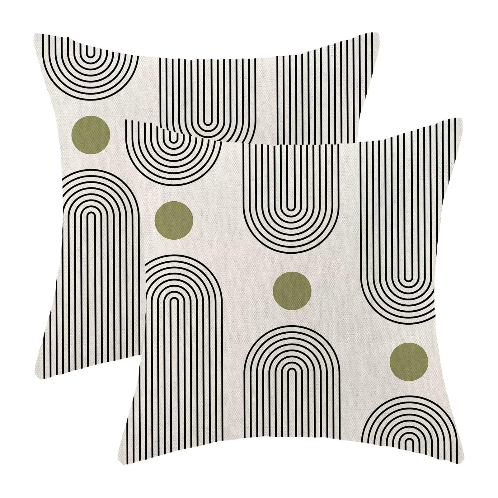 Boho Mid Century Pillow Covers 18X18 Inch Set Of 2, Abstract Simple Green Sun Arch Decorative Throw Pillowcase Boho Modern Outdo