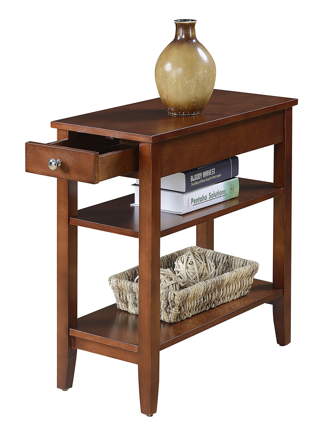 Convenience Concepts American Heritage Chairside End Table With Drawer 23.5' - Classic Living Room Table With Storage Shelf, Bedroom Nightstand, Mahogany