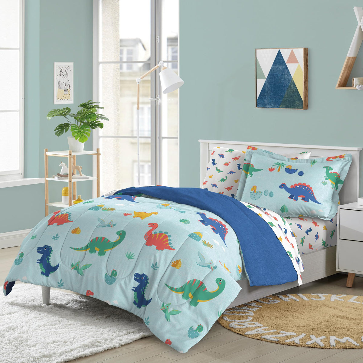 Dream Factory Kids 7-Piece Complete Bed Set Easy-Wash Super Soft Microfiber Comforter Bedding, Full, Blue Sweet Dino