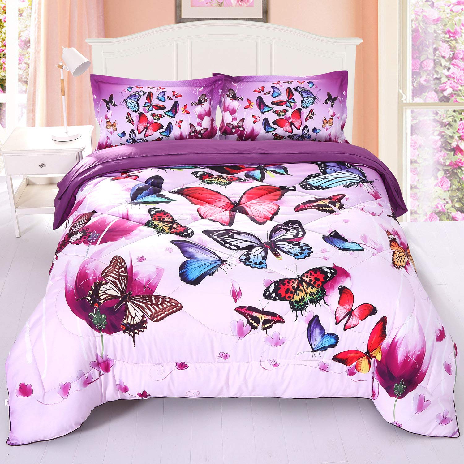 Wowelife Butterfly Comforter Set Twin Upgraded Butterfly Bedding Set Purple Pink With Comforter, Flat Sheet, Fitted Sheet And 2