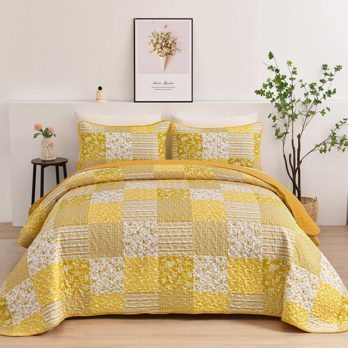 Mybedsoul Yellow Boho Quilt Set King Size,3 Pieces Plaid Floral Bedspread Coverlet Set Summer,Patchwork Reversible Bedding Set K