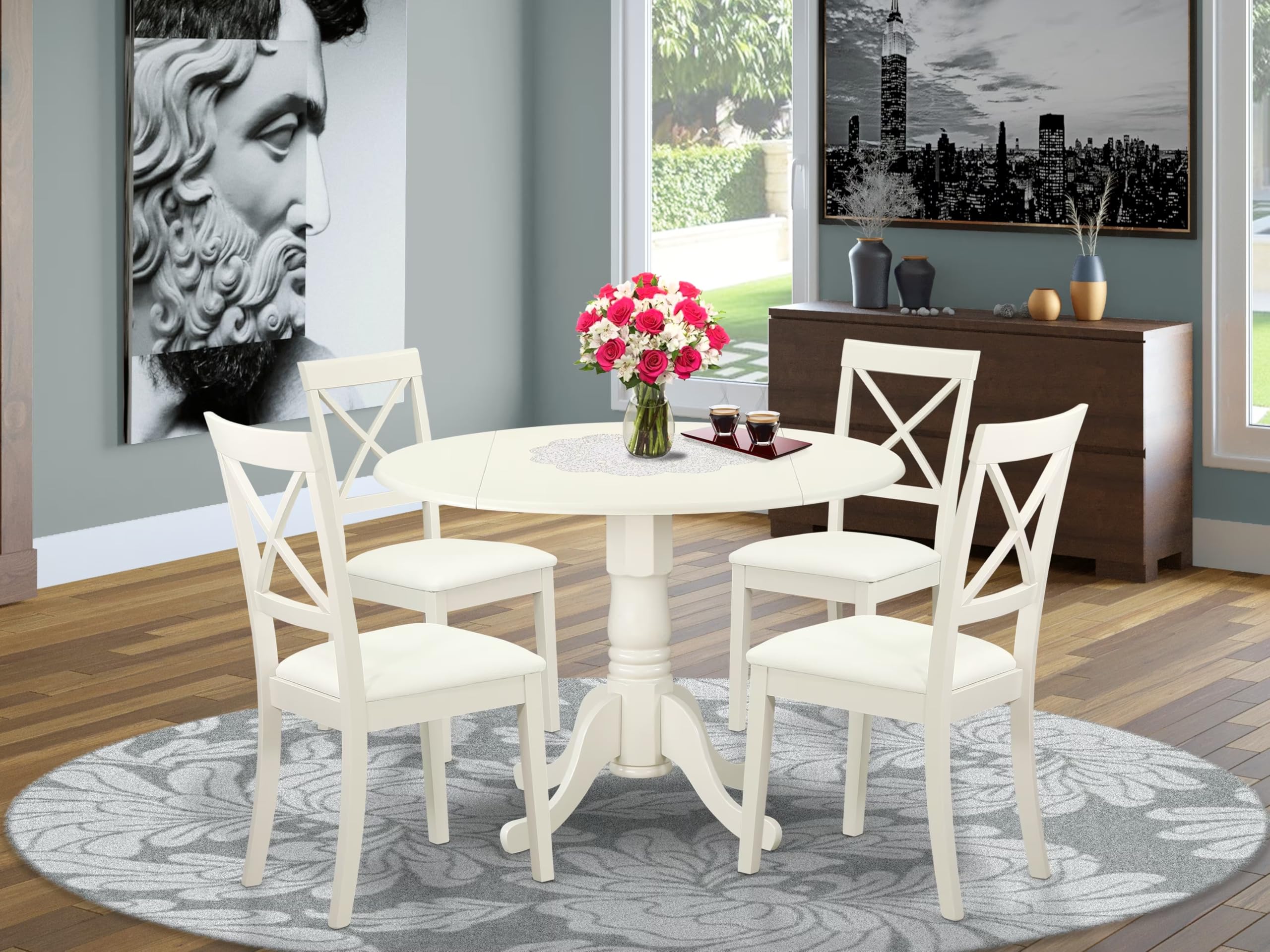 East West Furniture Dlbo5-Lwh-Lc 5 Piece Dining Room Furniture Set Includes A Round Kitchen Table With Dropleaf And 4 Faux Leather Upholstered Dining Chairs, 42X42 Inch, Linen White