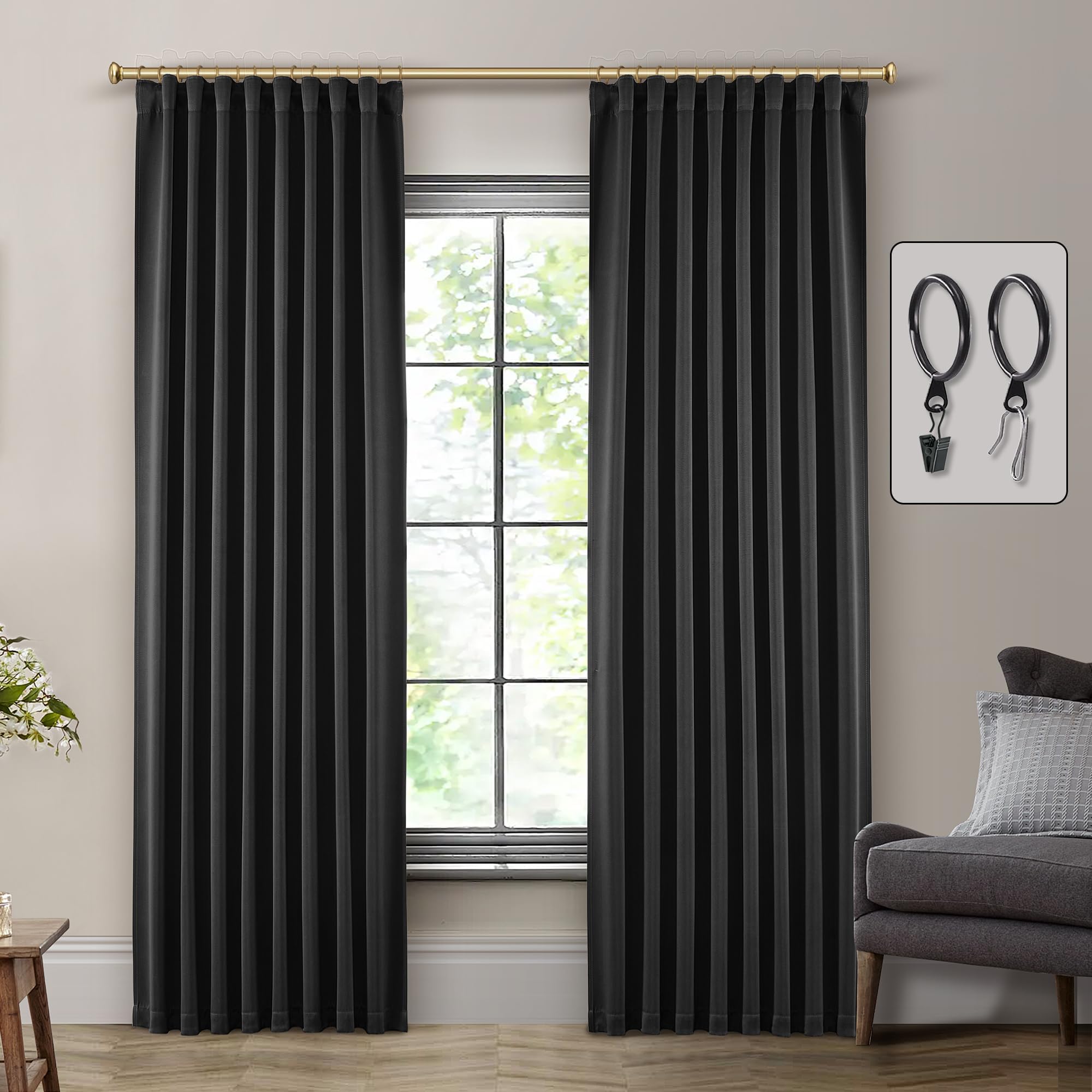 Shineland 102 Inch Curtains,Back Tab Pleated Black Blackout Curtains 102 Inches Long For Living Room 2 Panels Set,Room Darkening