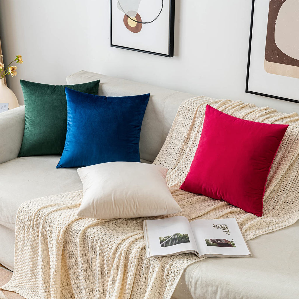 Emema Pack Of 2 Velvet Pillow Covers Decorative Square Pillowcase Soft Solid Cushion Case For Sofa Bedroom Car 16X16 Inch Cream
