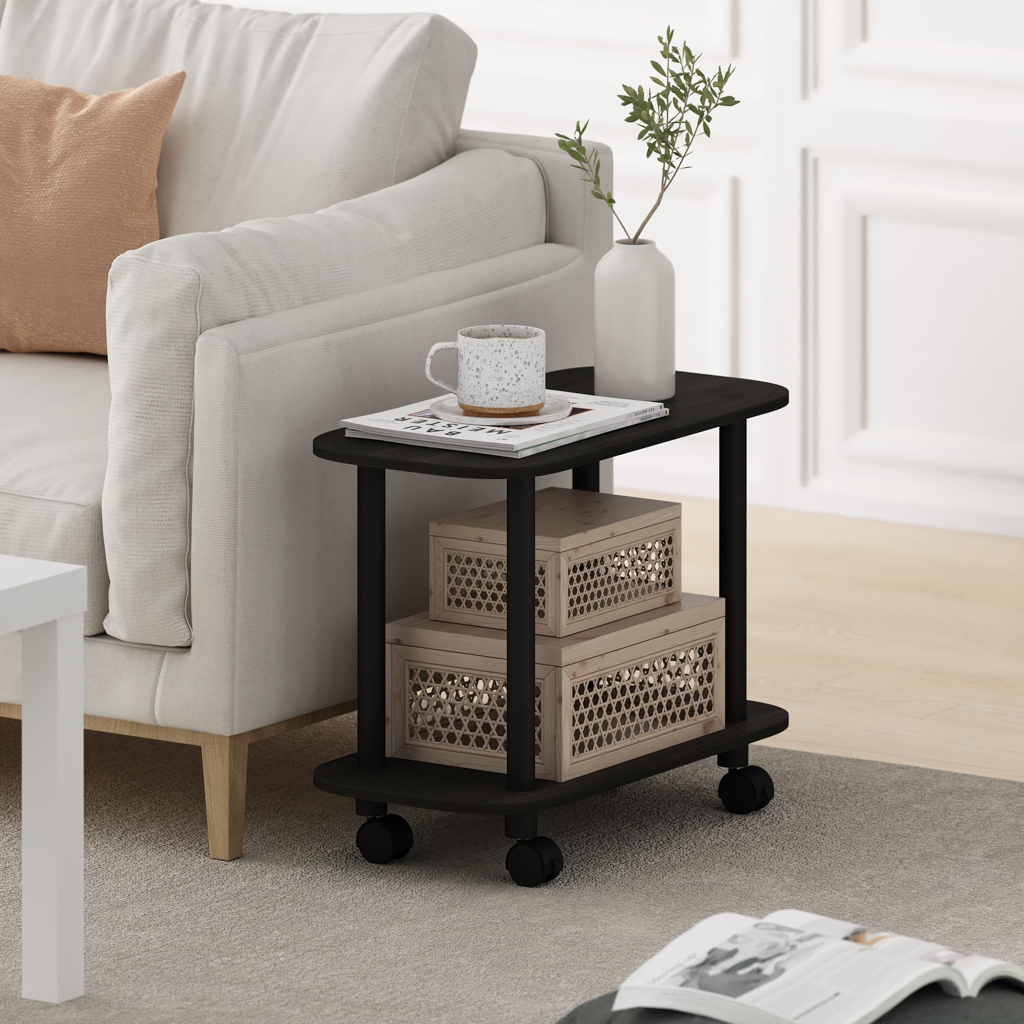 Furinno Turn-N-Tube Modern Oval End Table, Side Table with Casters, Espresso/Black