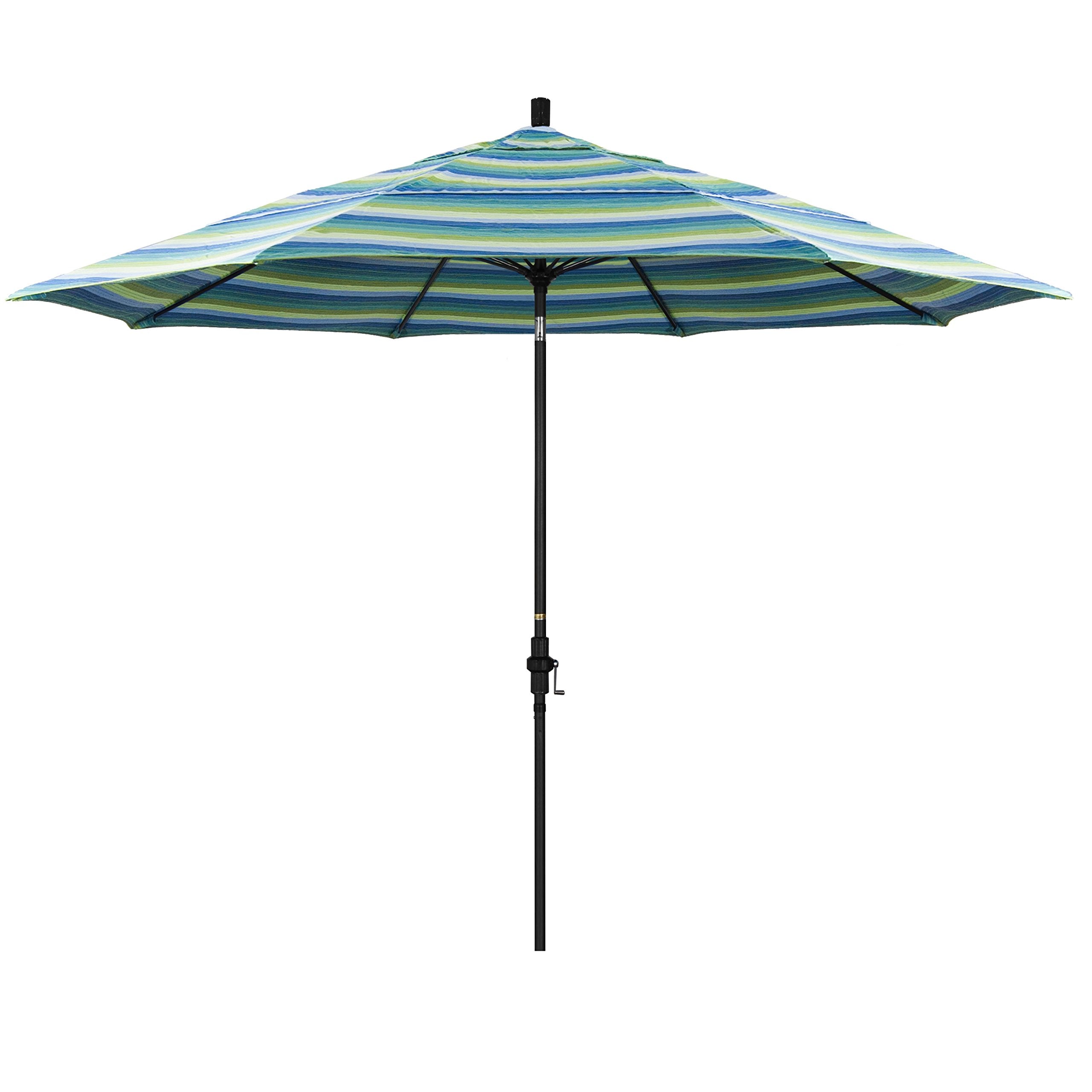 California Umbrella 11' Round Aluminum Pole Fiberglass Rib Patio Umbrella, Crank Lift, Collar Tilt, Black Pole, Sunbrella Sevill