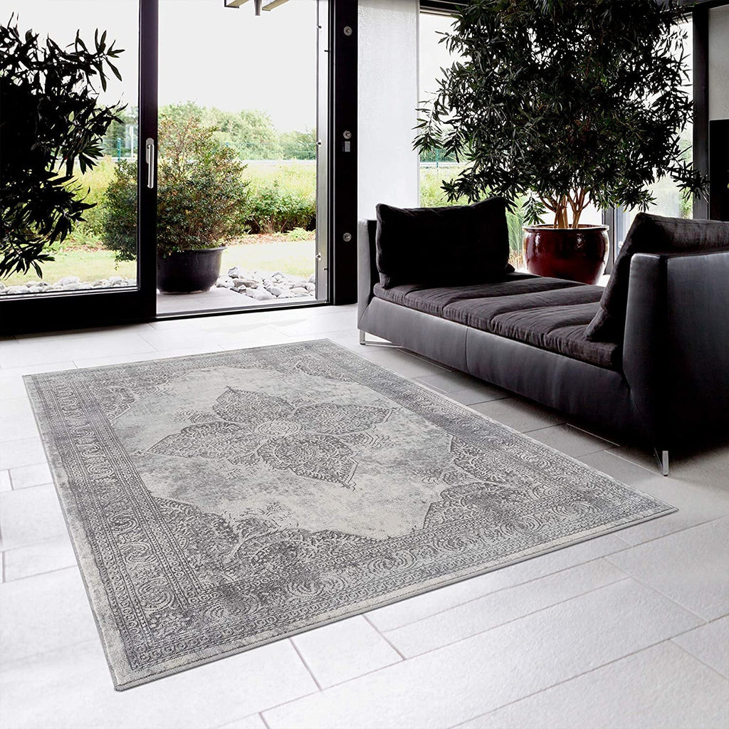 HomeRoots Grey 100% Polypropylene 2’ x 6’ Gray Distressed Medallion Area Rug