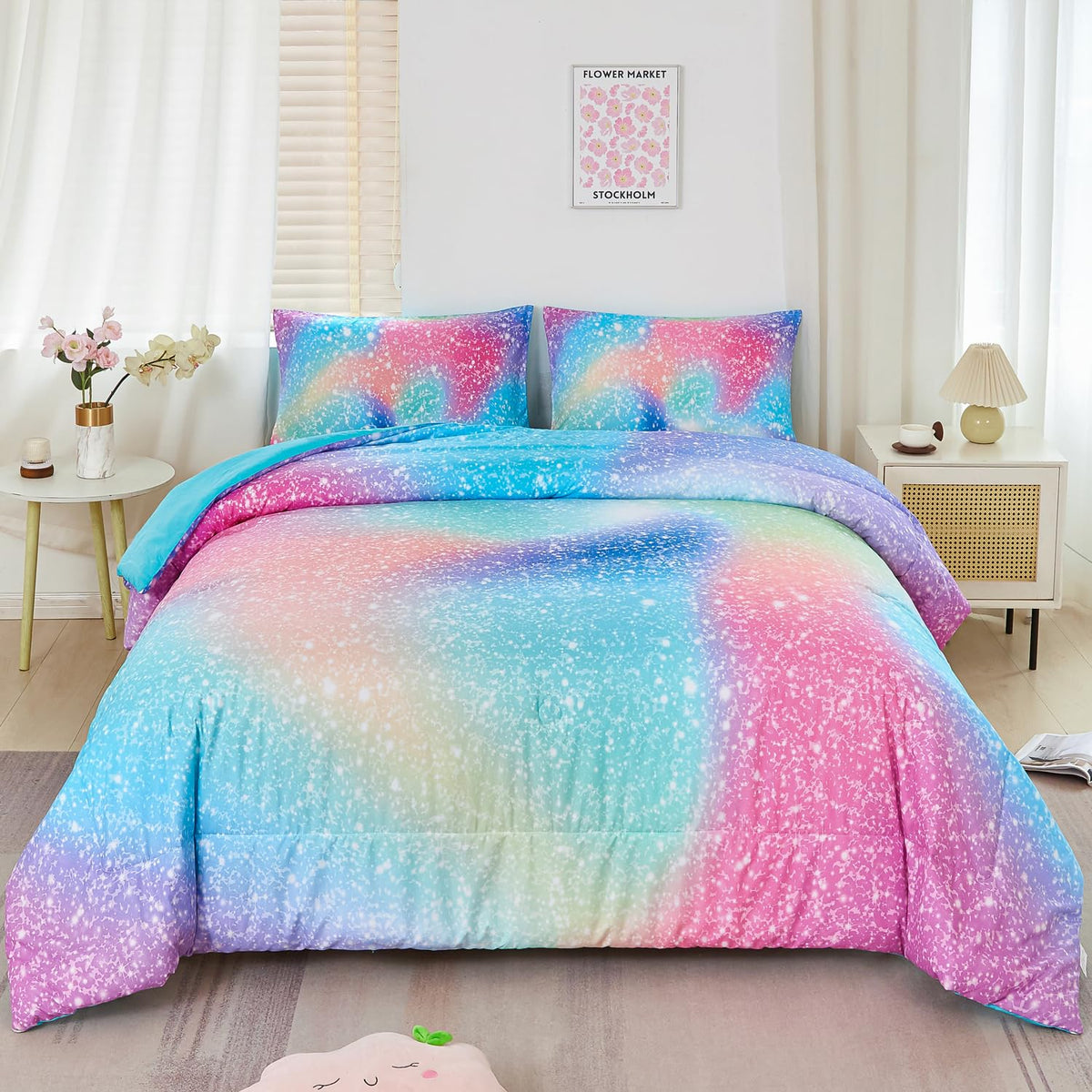 Zrnbast 3 Pcs Rainbow Girls Bedding Set Queen For Girls Women Glitter Star Gradient Pink Green Bed Comforter Set 3 Pieces Glitte