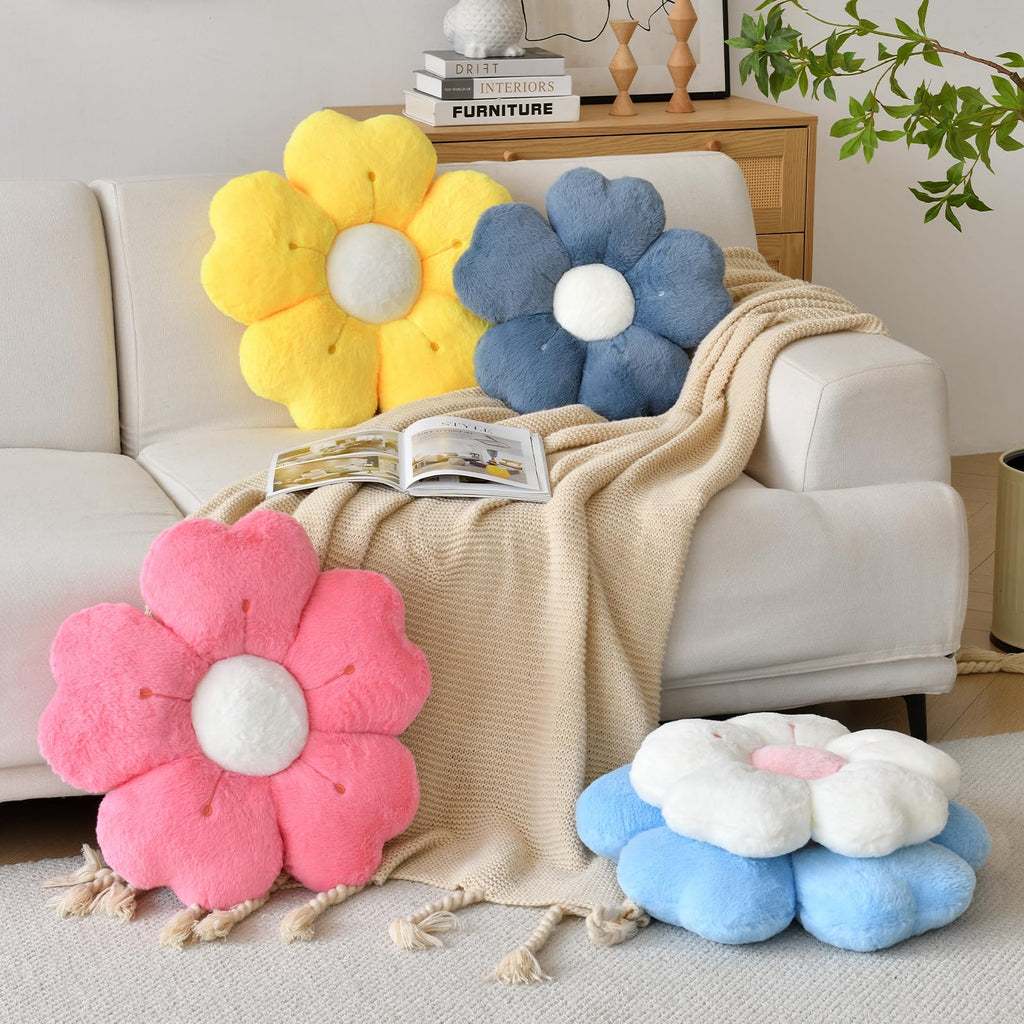 Flower Shaped Pillow, Cute Decorative Throw Pillow With Soft Artificial Rabbit Fur For Couch Bed Chair Floor, Flower Pillows Sea