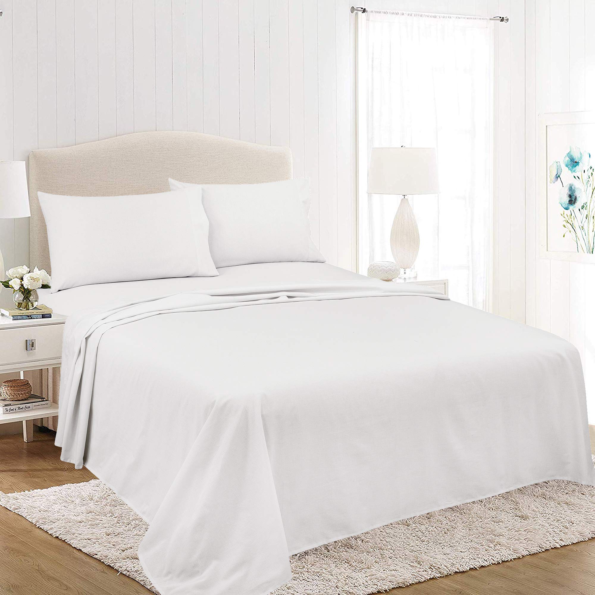 Royale Linens Soft Home Brushed Percale Ultra Soft 100% Cotton, Queen 4-Piece Sheet Set, White