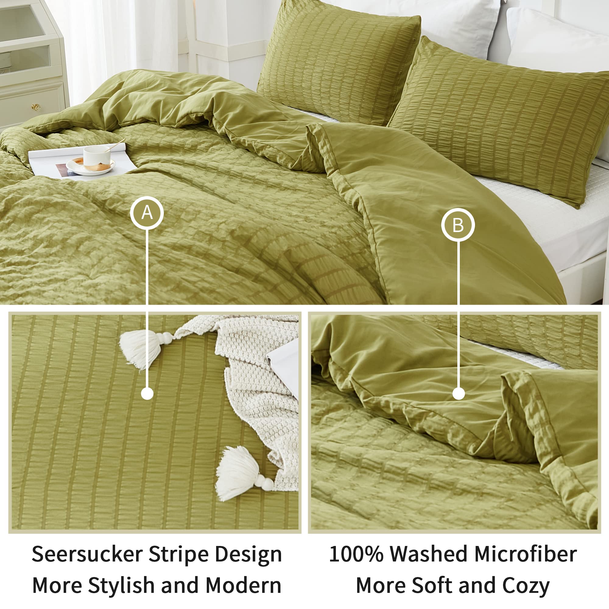 Avelom Olive Green Seersucker California King Comforter Set (104X96 Inches), 3 Pieces-100% Soft Washed Microfiber Lightweight Comforter With 2 Pillowcases, All Season Down Alternative Bedding Set