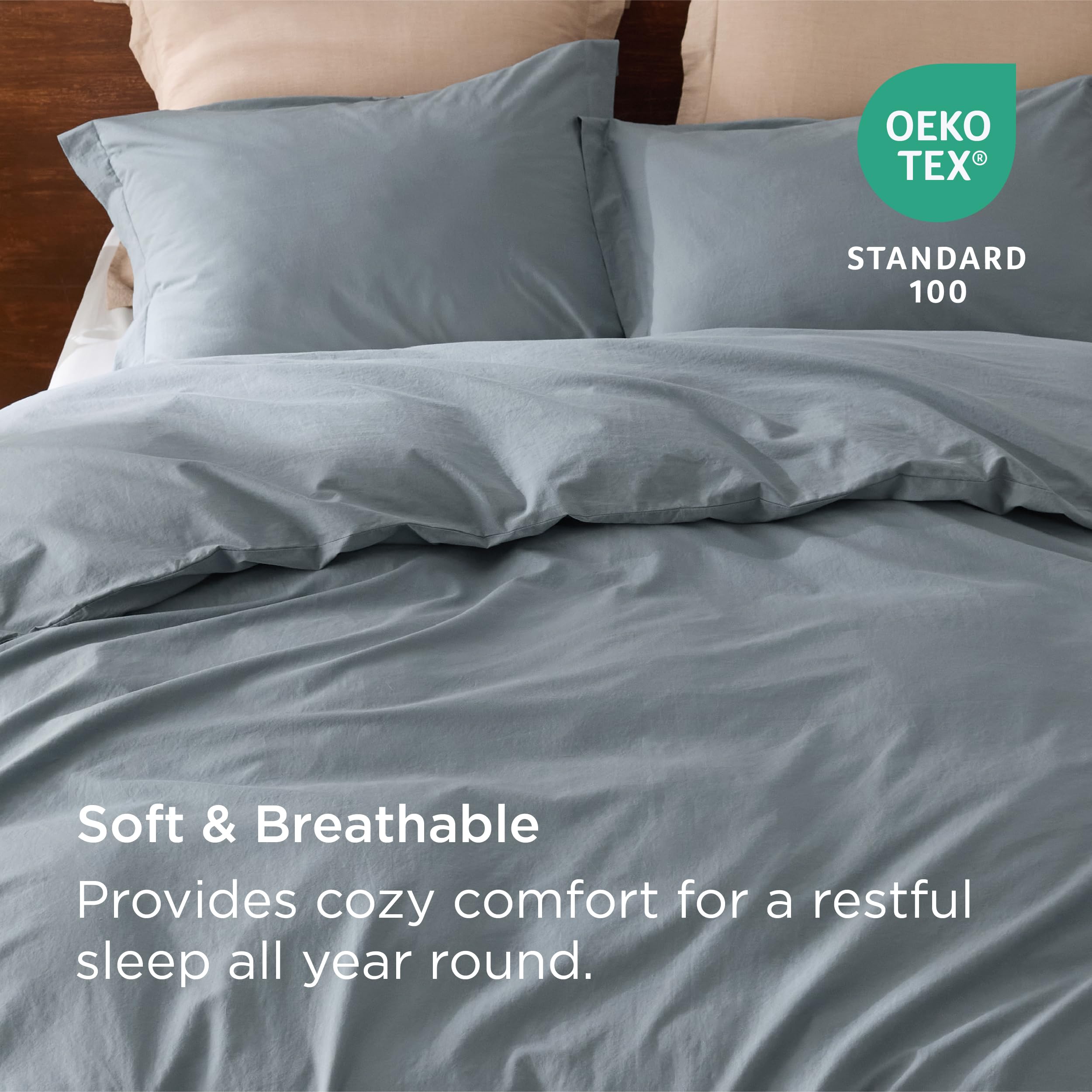 Bedsure 100% Washed Cotton Duvet Cover Queen - Grey Blue Minimalist Cotton Duvet Cover Set Linen Like - 3 Pieces Plain Simple Cotton Duvet Cover Set With 2 Pillow Shams (Grayish Blue, Queen, 90'X90')