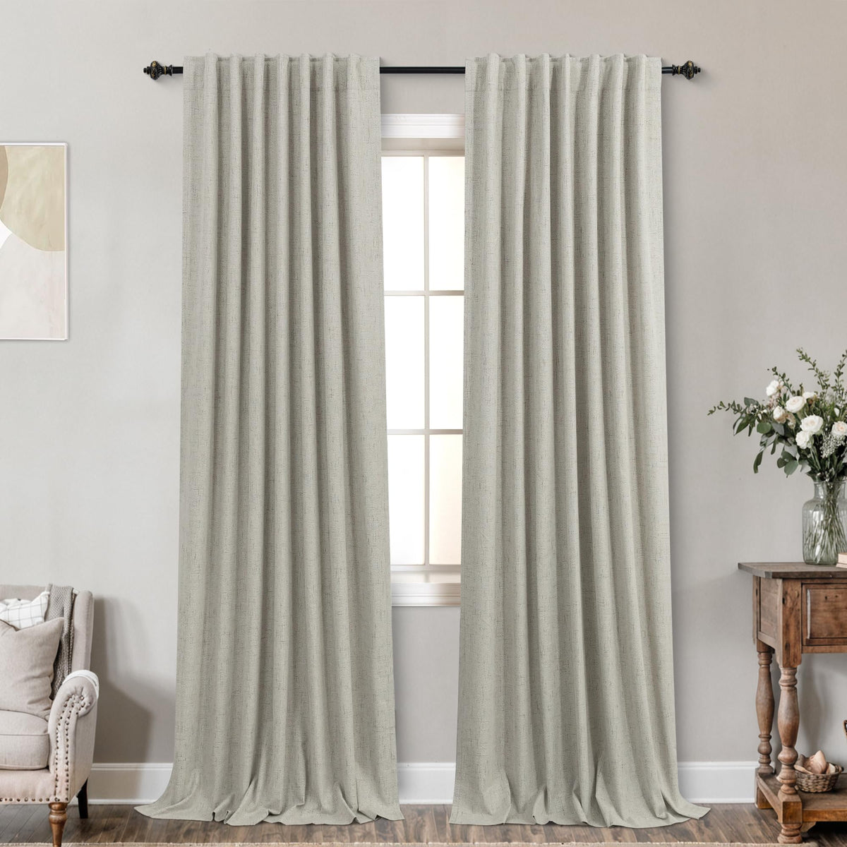 Koufall Rustic Country Curtains For Living Room,Greige Dark Beige Blackout Faux Flax Linen Look Burlap Curtains Farmhouse For Be