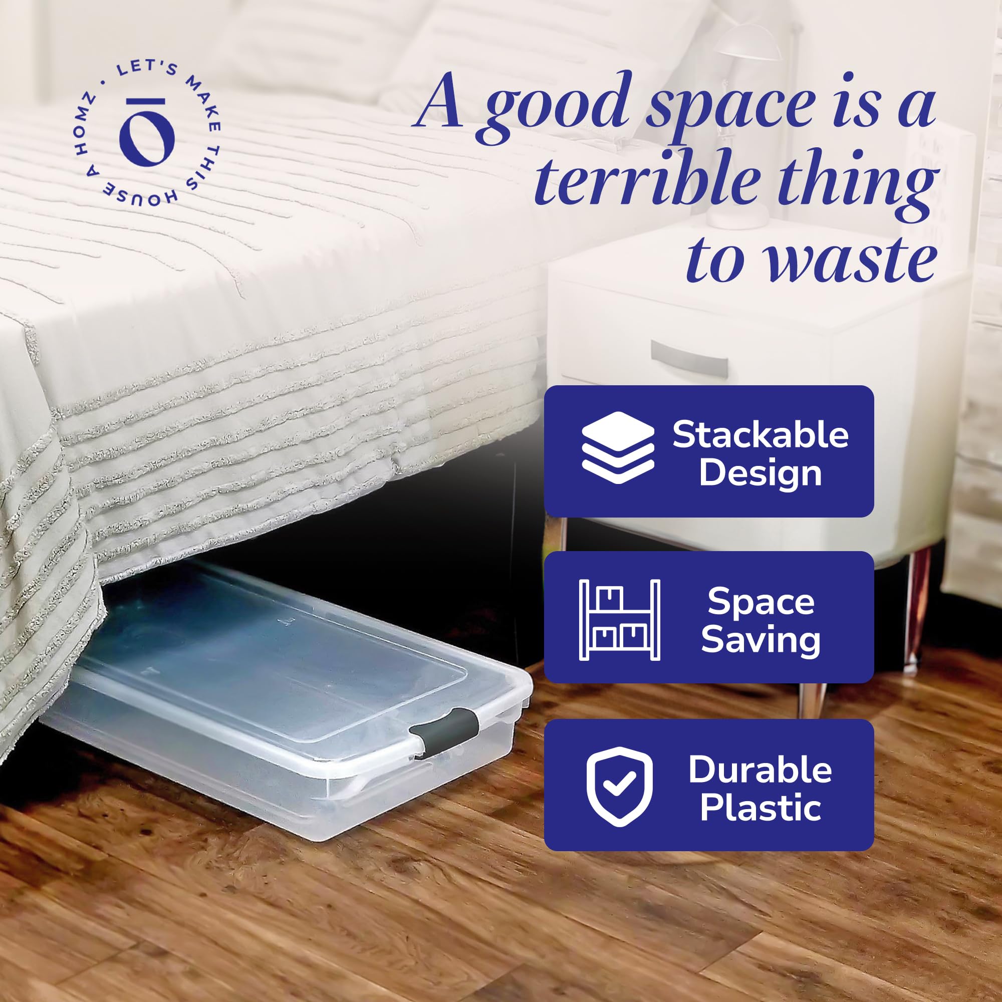 Homz 60 Quart Multipurpose Slim Under Bed Storage Container Bins W/Secure Latch Lid & Wheels For Underbed, Home Or Office Organi