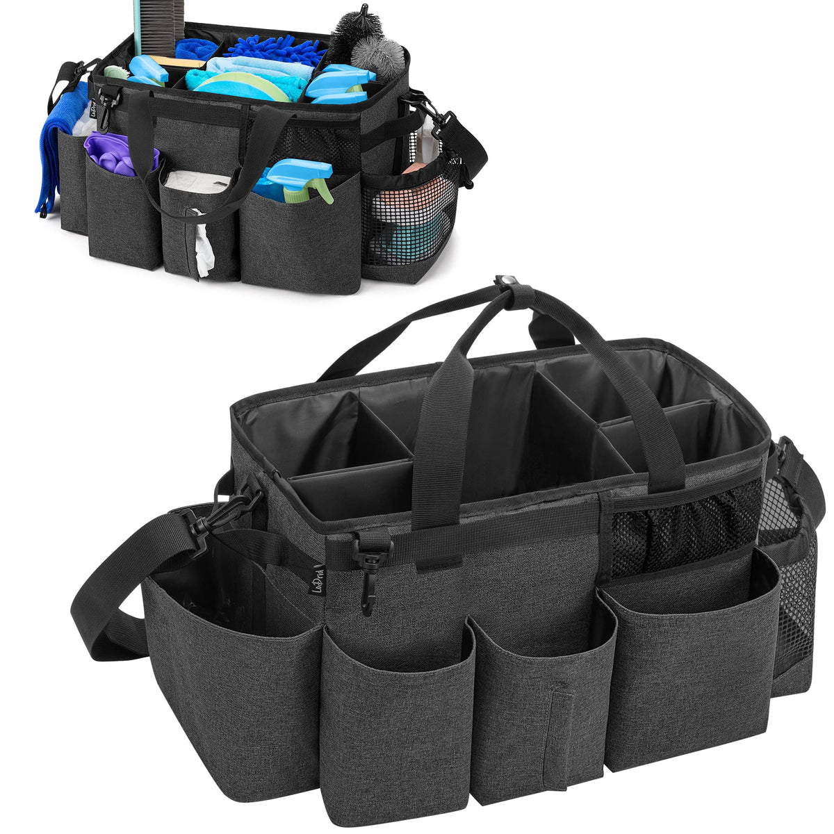 LoDrid Wearable Cleaning Caddy Bag with 4 Foldable Dividers, Cleaning Supply Tote for Cleaning Supplies, Cleaning Organizer with