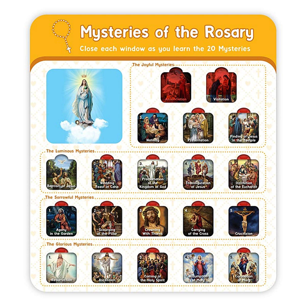 Learn The Rosary Catholic Educational Window Chart, Mass Follow Along Tool For Kids, 8 X 9 Inches