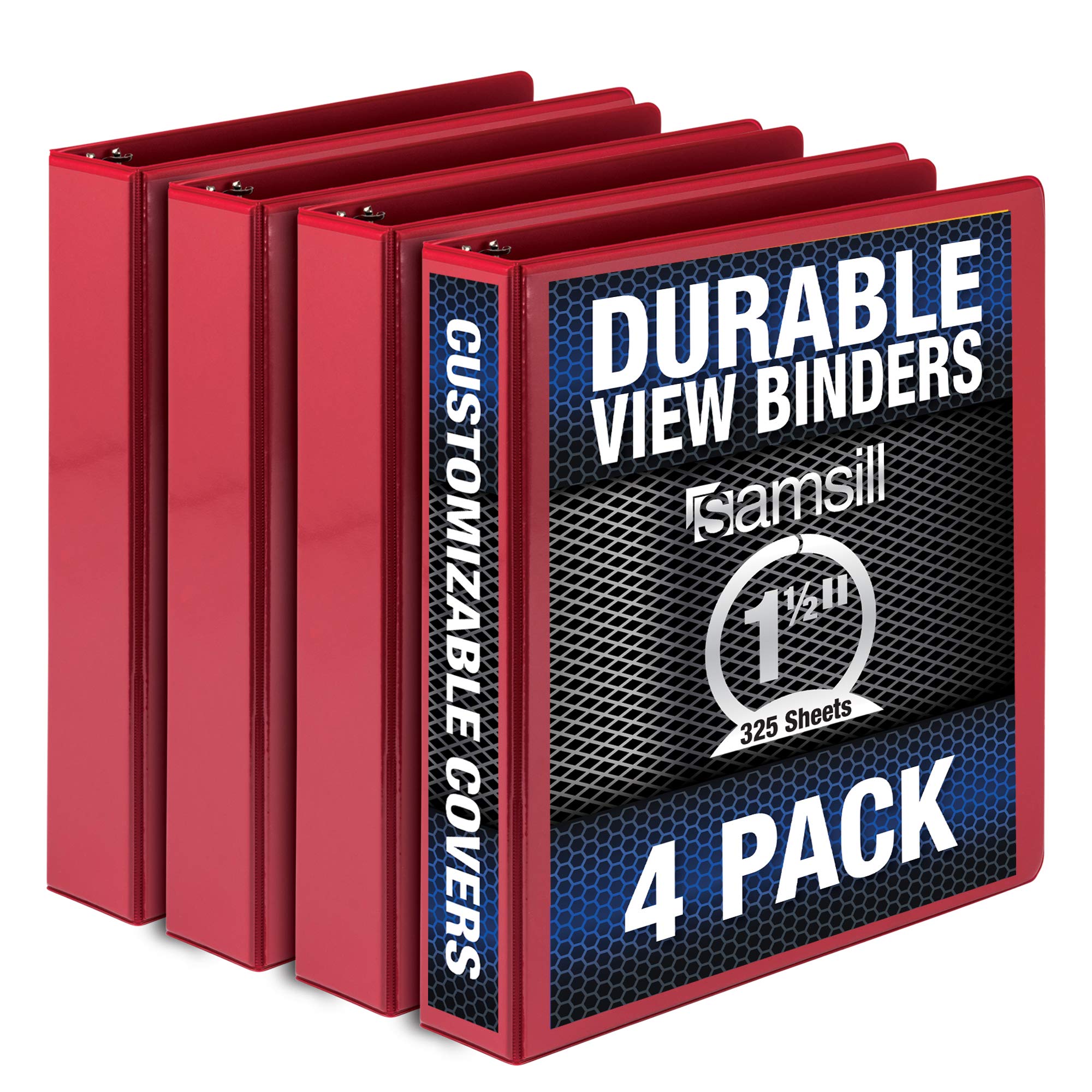 Samsill Durable 1.5 Inch Binder, Made In The Usa, Round Ring Customizable Clear View Binder, Red, 4 Pack (Mp48453)