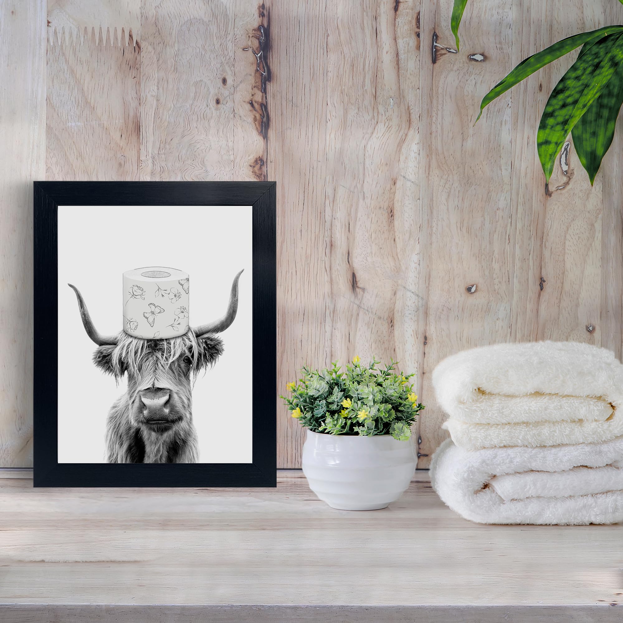 Toilet Paper On Head,Black Framed Funny Animal Prints, Vintage Black And White Rustic Style Cute Bathroom Cow Canvas Art Poster