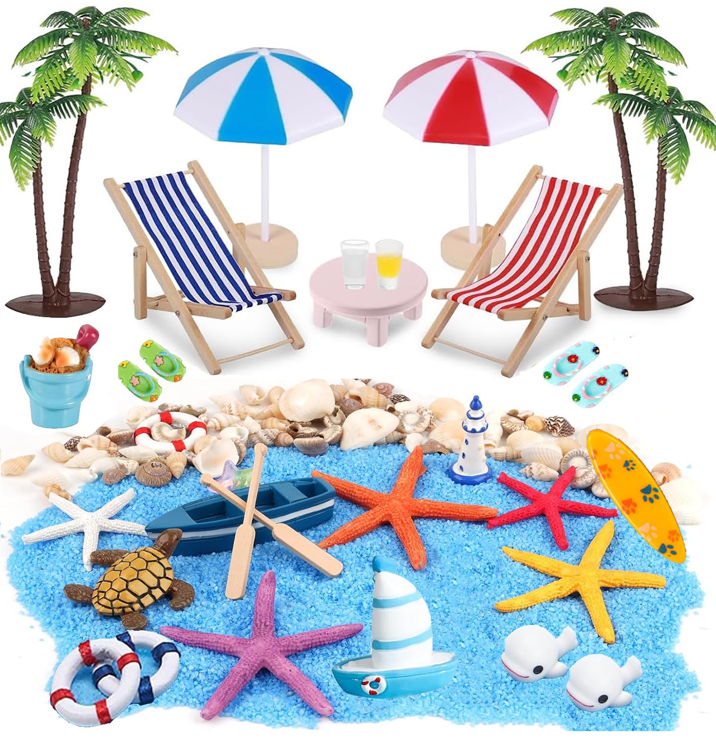 Eikeji 31 Pcs Beach Microlandscape Miniature Dollhouse Decoration, Maritime Decoration With Mini Beach Umbrella Mini Chair Minia