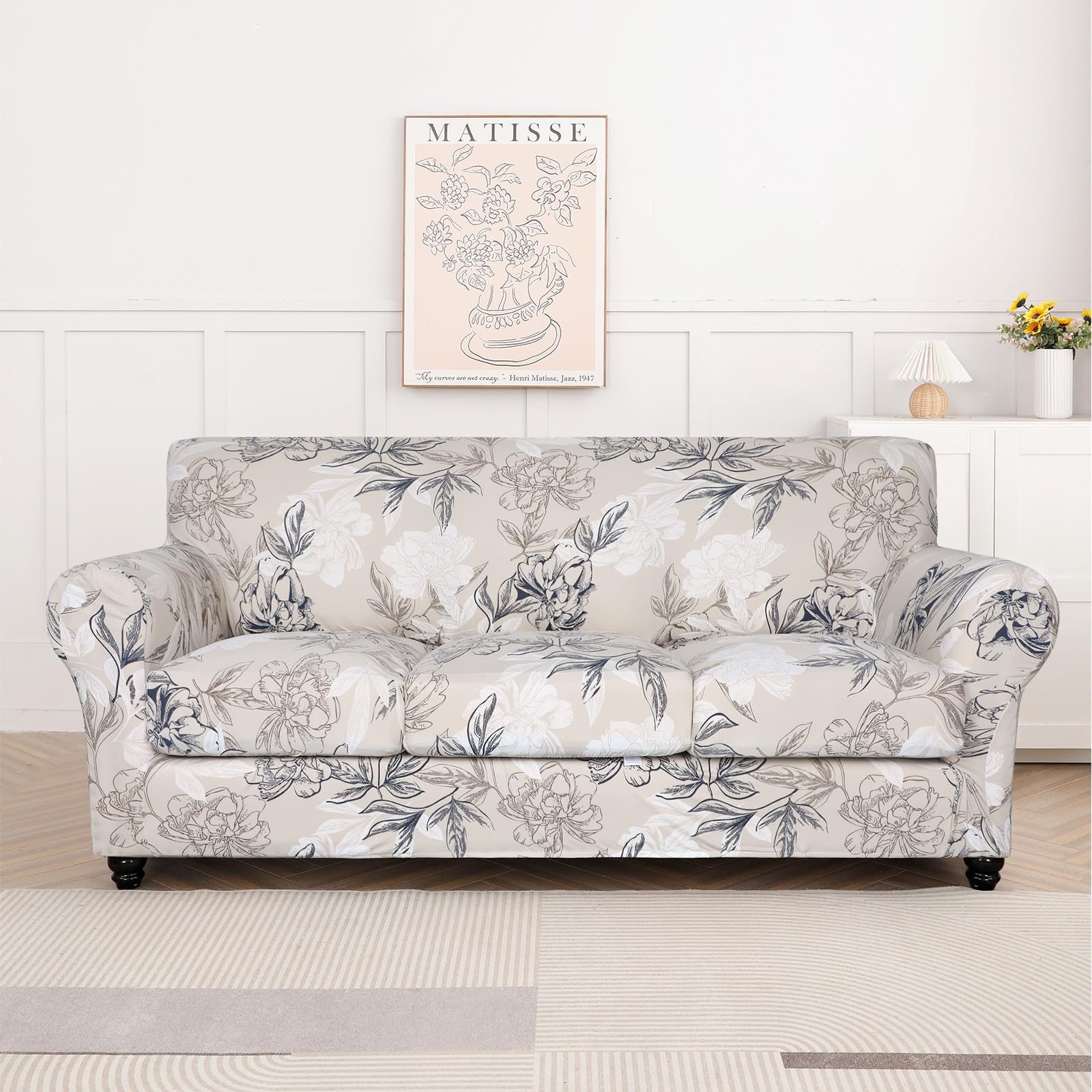 Searchi Stretch Sofa Cover Printed Couch Cover, Floral Pattern 4 Pieces Sofa Slipcover With 3 Separate Cushion Cover, Washable Furniture Protector For Living Room(Sofa, Flower Shadow)