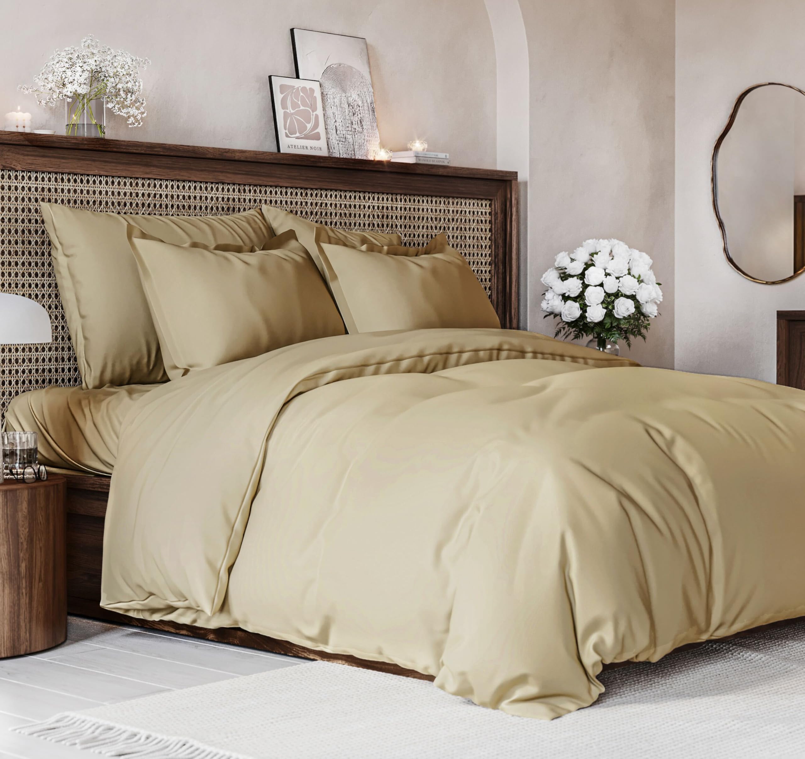 Duvet Cover Queen Size Set - Extra Soft Queen Size Duvet Cover - 90' X 90' Queen Duvet Cover W/ 2 Pillow Shams - Hotel Luxury, Easy Care & Fade Free - Comforter Cover W/ Zipper Closures & Ties (Beige)