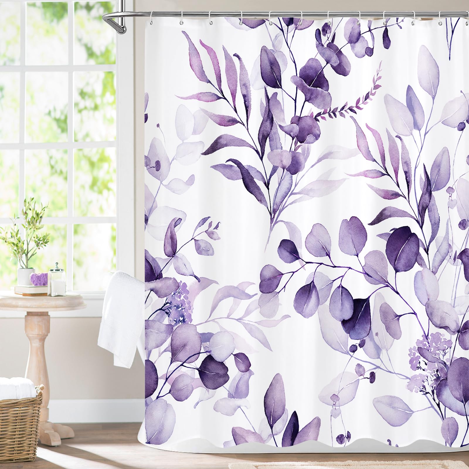 Mitovilla Purple Spring Floral Shower Curtain, Modern Plants Botanical Fabric Cloth Shower Curtains For Chic Elegant Bathroom De