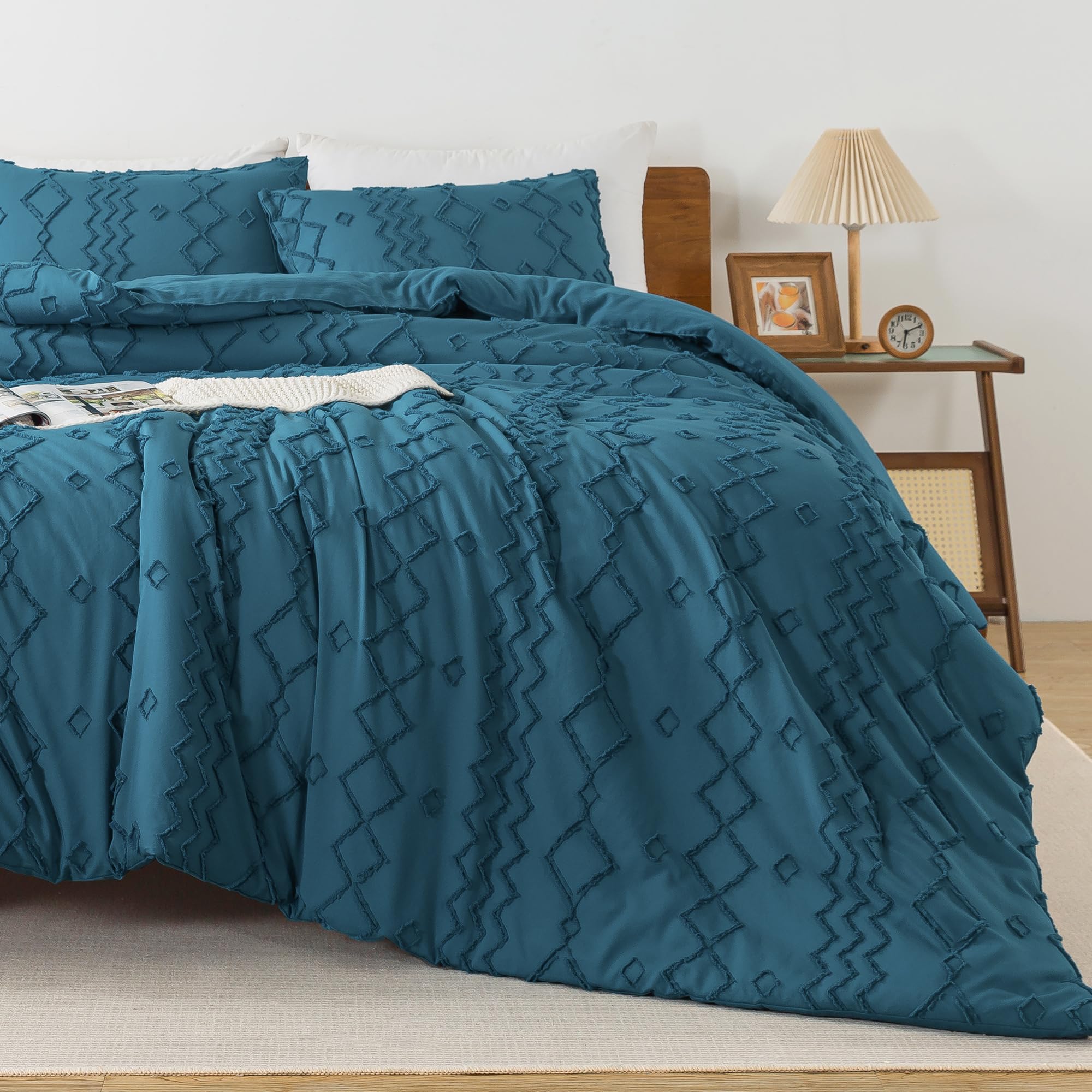 Andency Teal Tufted Comforter Set King(104X90Inch), 3 Pieces(1 Boho Comforter, 2 Pillowcases) Textured Farmhouse Comforter, Soft Microfiber Down Alternative Geometric Comforter Bedding Set
