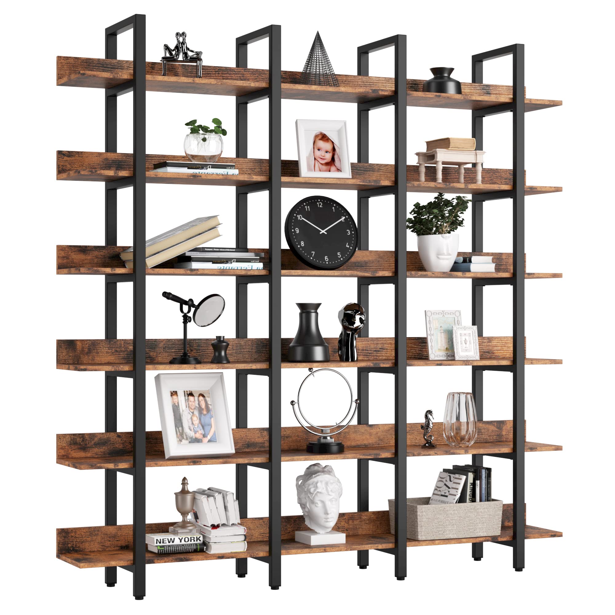 IRONCK Bookcase and Bookshelves Triple Wide 6-Tiers Large Open Shelves, Etagere Bookcases with Back Fence for Home Office Decor,