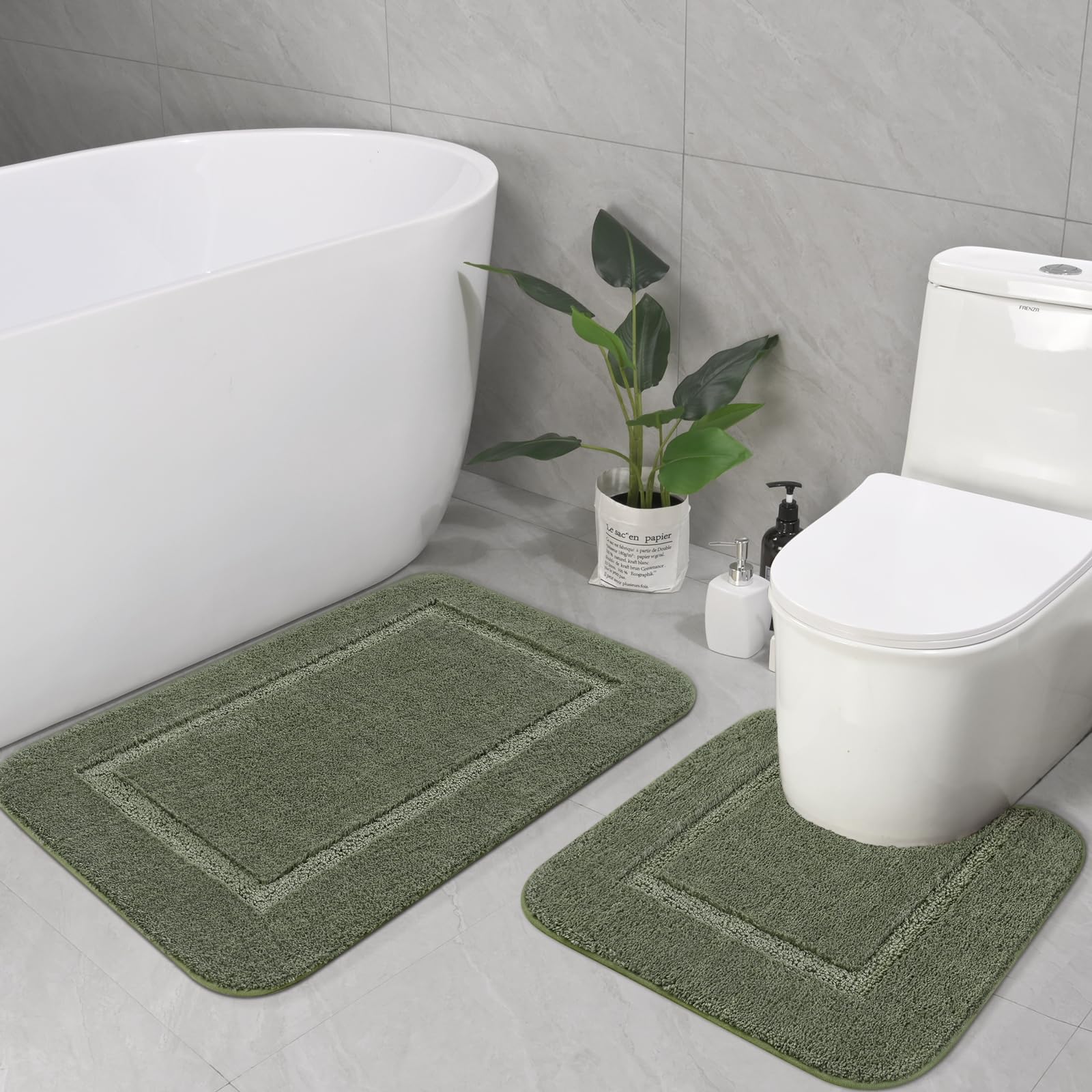 Lochas Bathroom Rug Set Sage Green, Soft Bath Rug Set 2 Piece Set, Toilet Mat U-Shaped 20X20 And 34X20 Bathroom Rugs, Quickly Dr